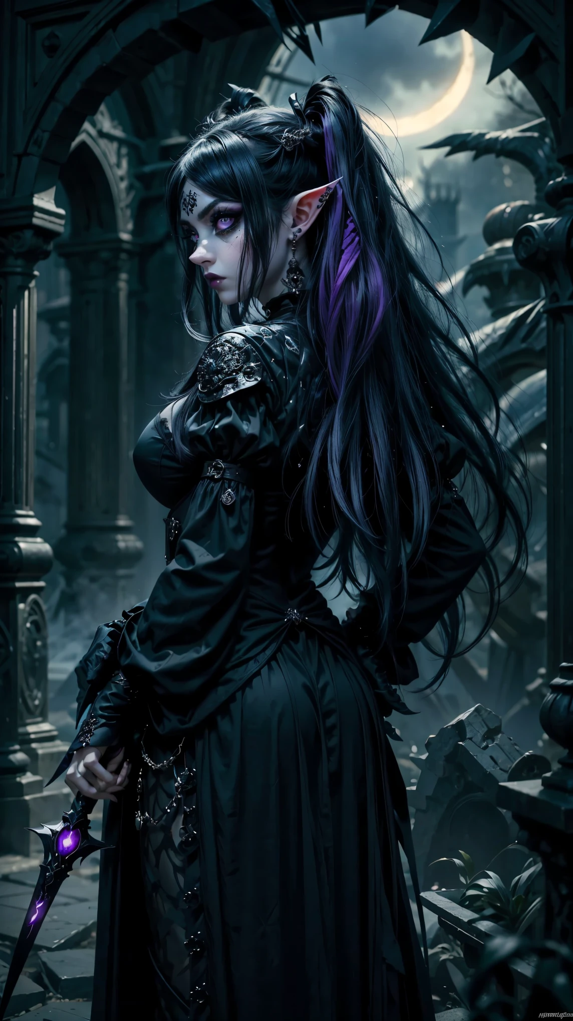 close, from behind ,a woman in a black outfit holding a demonic sword in her hand, goth anime girl maiden, Beautiful Necromancer girl, demon anime girl , guweiz, Beautiful Necromancer, Dark Witch, Dark Witch, anime art wallpaper with purple hair with black highlights, long disheveled hair, big eyes cristalinos, bright violet eyes , eye liner, dark elf ears, Night, fashionable Dark Witch, ribbon hair adornment , 8K, with black magic powers, Hyperrealistic skin texture, (make-up: 1.1), (big eyes: 1.5), (big breasts: 1.1), (Constriction: 1.2), dynamic pose, (top quality, masterpiece, absurd: 1.3), black and purple magic, cemetery and black crosses in the background, dark fog