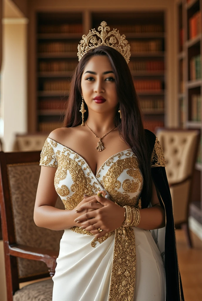 Create an ultra-realistic image of a modern, attractive female influencer of Indian descent, aged between 27 to 30. She should have a warm and inviting smile, expressive almond-shaped eyes with a slight shimmer, and clear, glowing skin with a medium brown complexion. Her features should be well-defined, with high cheekbones and a sharp jawline. Her hair should be long, thick, and wavy, styled in an elegant updo with a tiara, and dyed a deep, reddish-purple hue.
She is wearing a voluminous champagne gold ball gown with intricate beadwork and a sweetheart neckline, emphasizing gigantic breasts and a pronounced bust. The gown should have a luxurious and opulent look, enhancing her curvaceous figure with an increased bust size and fuller buttocks. Her outfit should be completed with matching elegant accessories and a refined tiara.
The background should be an opulent ballroom with gilded walls and lavish decorations, providing a glamorous and sophisticated setting. Her overall appearance should exude confidence, elegance, and sophistication, capturing the essence of a contemporary Indian fashion influencer.