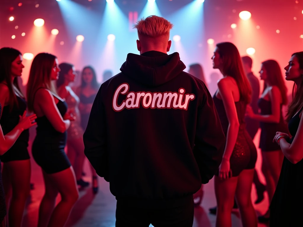Create an intense scene featuring a renowned rapper or famous musician who exudes a sexually appealing, dark, and enigmatic aura. He is on stage, surrounded by an entourage of glamorous women. His body is covered in striking tattoos, enhancing his menacing and seductive presence. The atmosphere is charged with energy as his Instagram ID, "NOVANEXUS19," is prominently displayed on a massive screen behind him, further amplifying his larger-than-life persona.
