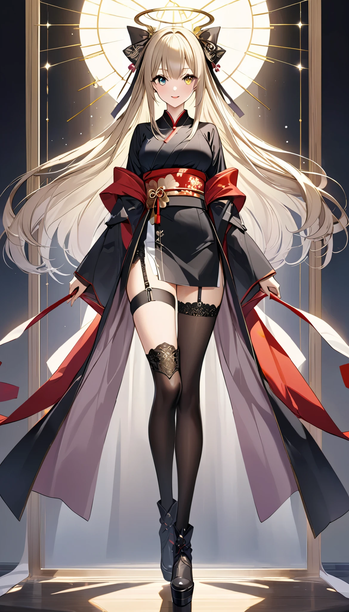 (extremely detailed 8K wallpaper),(ultra-detailed),(best quality),(masterpiece),(highly detailed),(cinematic lighting),(Original),Cold ligh，magenta eyes ,ink style，, smoking pipe, kiseru, holding a long smoking pipe, long sandy blonde hair，((Beautiful adult woman))，black dress with stockings，((slight smirk face))，（black socks）, adult woman, beautiful earrings, falling red petals, full body