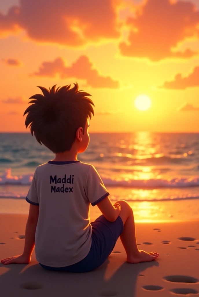 RONN text on the sand with the boy looking at the sunset