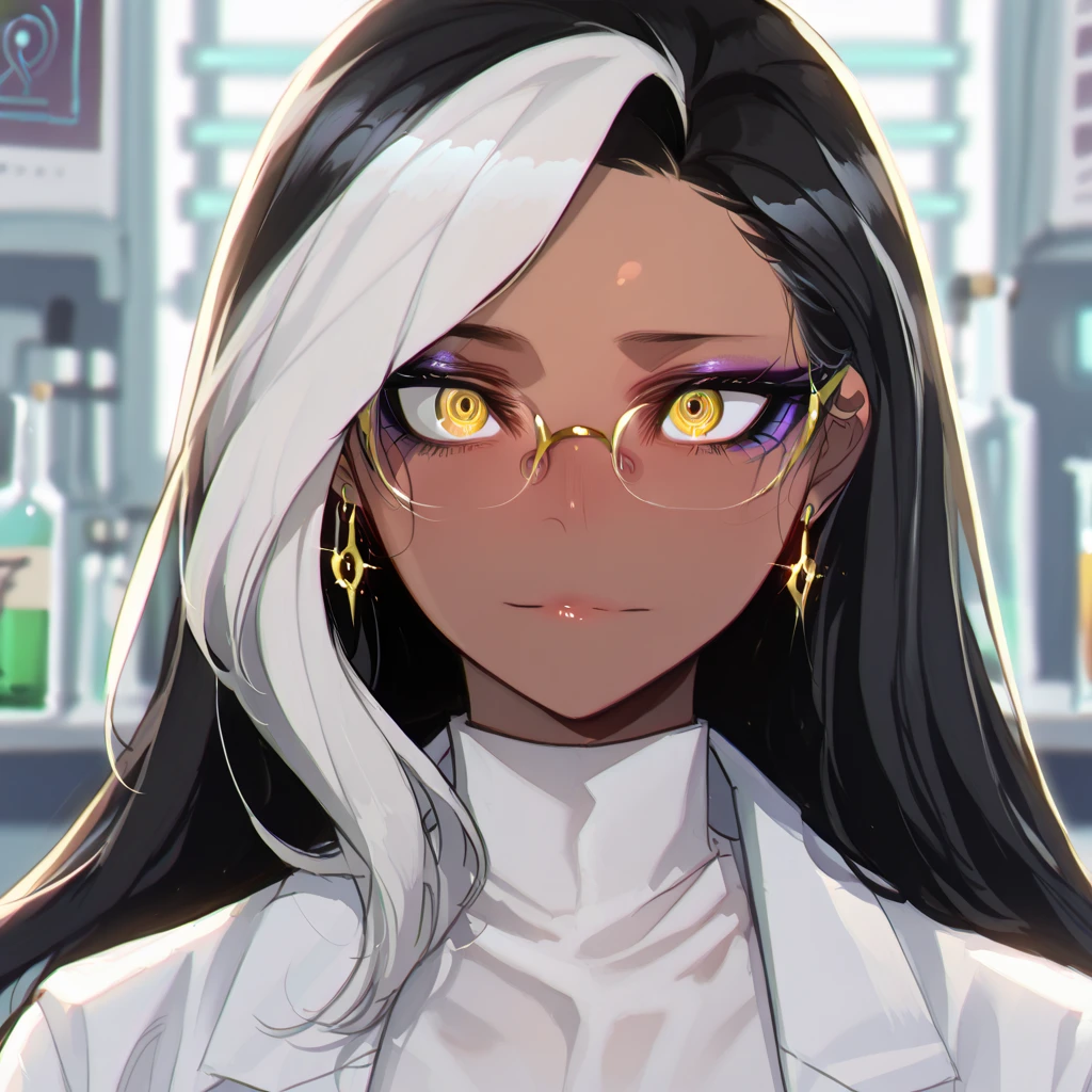 Anime girl with dark complexion, long, black hair with a white front lock and golden eyes. She wears gold-framed glasses and matching earrings. . Wear a laboratory outfit composed of a high white collar and a matching robe, conveying a sense of professionalism. The background suggests a laboratory environment, with bottles and bottles blurred in the background. Her gaze is serene and focused, , highlighted by a subtle makeup that frames her eyes. The illustration style is detailed and semi-realistic, with soft shadows and sparkles in the hair and lenses, , emphasizing the elegance and sophisticated air of the scene. (anime girl,  tanned skin, black and white hair, golden eyes, lab coat, scientific setting, stylish glasses , High detail, Digital Painting, pixiv trending, Artstation)
