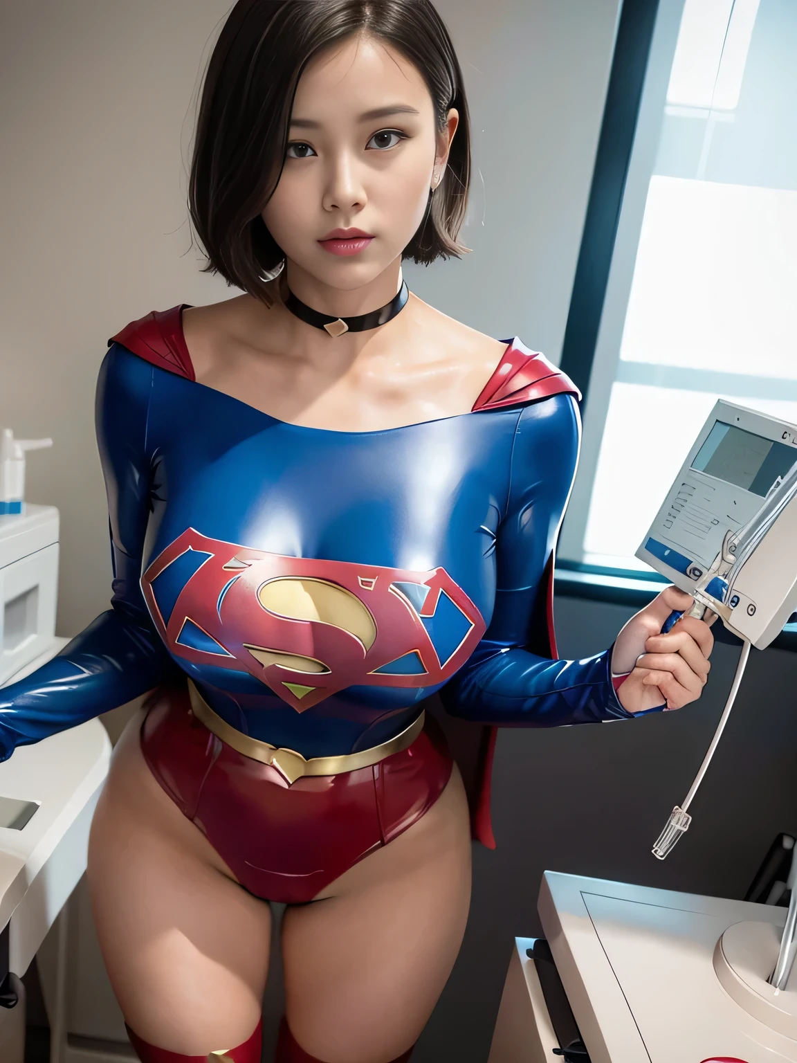 table top, highest quality, figure, Super detailed, finely, High resolution, 8k wallpaper, Perfect dynamic composition, a young asian idols woman, detailed and beautiful eyes, Natural lip color, small breasts, shortcut、 (Wearing a supergirl costume)、clear white skin、super realistic photos、beautiful face、 (wet by venom on body)、bathroom、See-through、on the bath up、Angle from above、((close your eyes:1.4))、((chubby:1.3))、((wear a police mech:1.1))