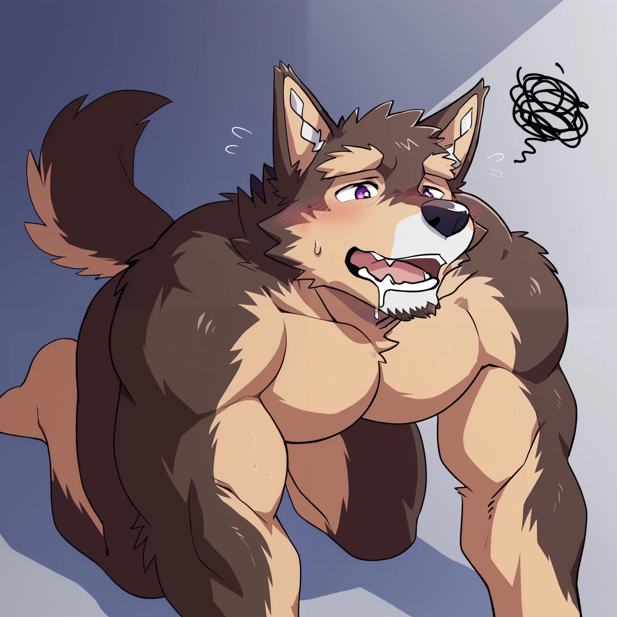 Scribble German Shepherd face,Pubraseer( German Shepherd),(nude:1.3), Muscular , Brown Fur ,( artist :Takemoto Arashi),( buttock bulges:1.3) ,purple eyes,kneel on the ground,respite,moan,Drooling,blush,happy