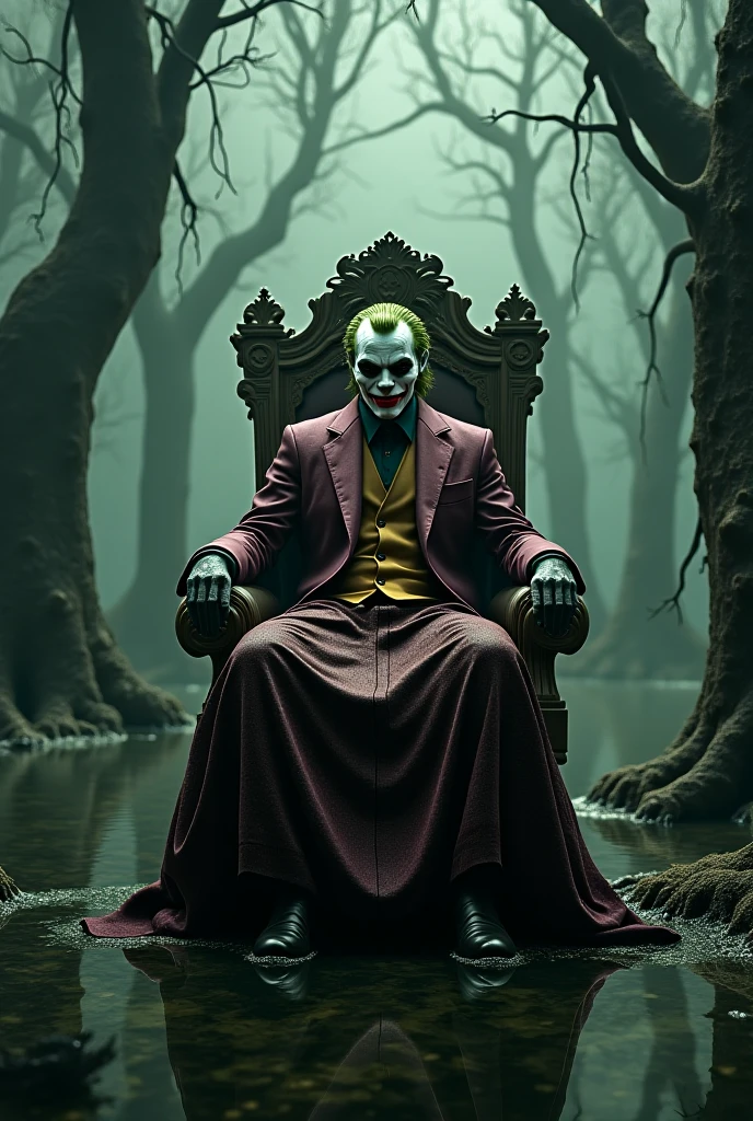 loki with his face painted like the joker sitting on a throne laughing with thor severed at his feet 