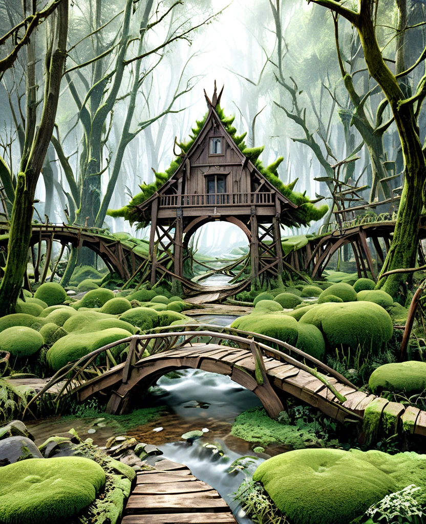 Nature of trees with many branches mosses framed (((Small houses with branches model of Indians ))with old bridges of old boards with mosses on top of fantasy trees ,Final Fantasy style xii,Realistic 3D