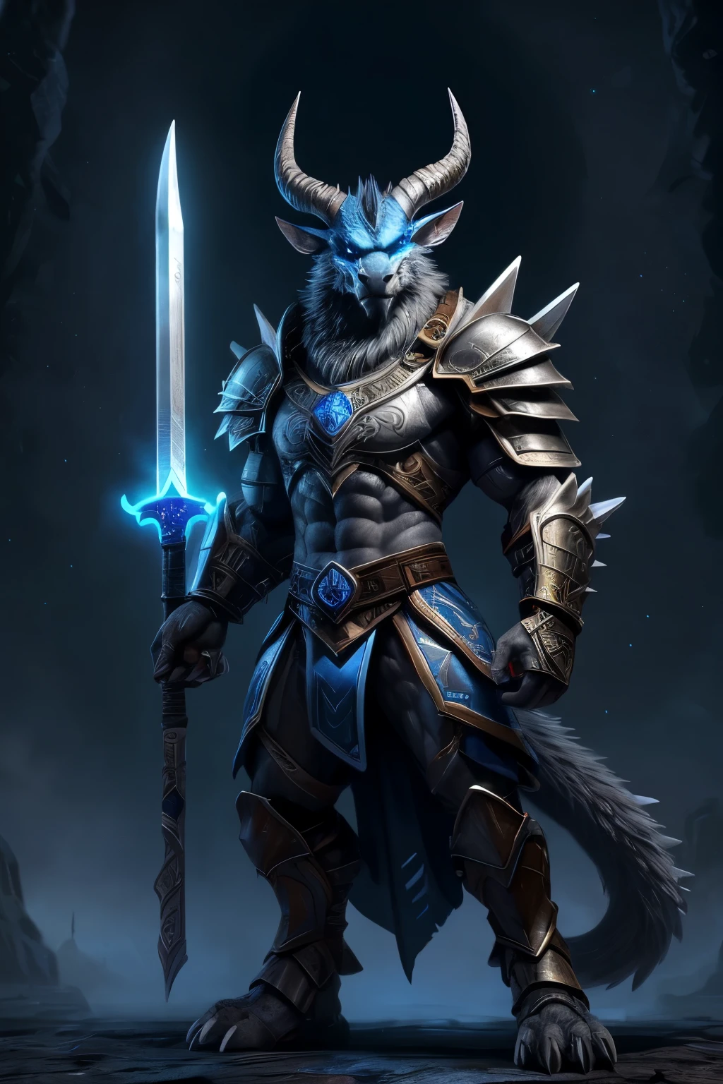 A close up of a person with a sword and a horned head - SeaArt AI