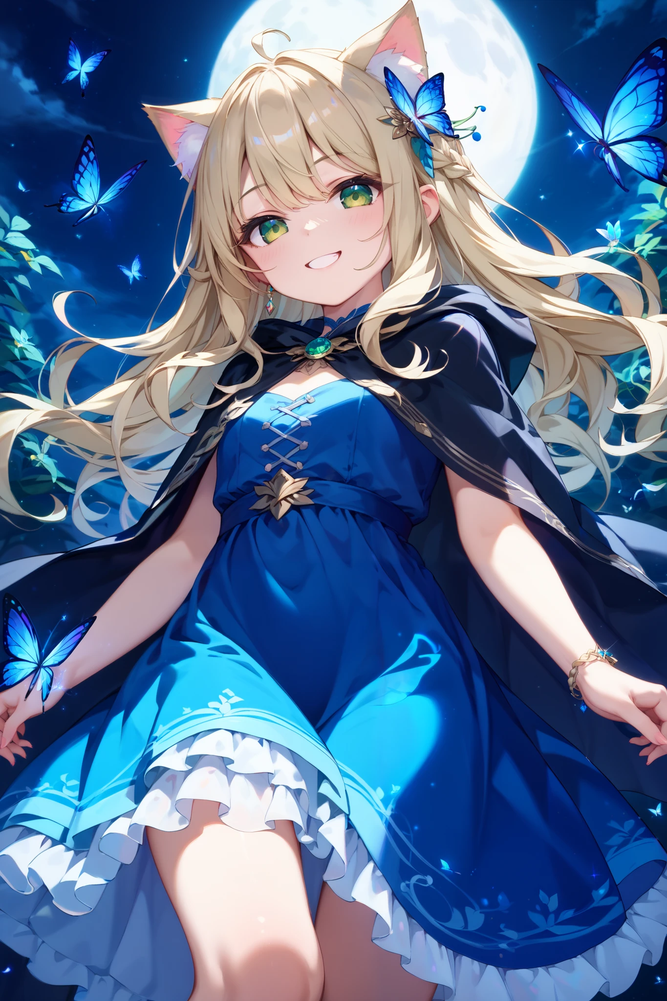 masterpiece、Top Quality、Super Detail、High Resolution、(beautiful girl、Cat ears、 Witch、Cute Face、 platinum blonde hair、green eyes、Black Cloak、blue magic dress)、moonlight、night、Fairy Forest 1.4、Butterflies flying around、(soft smile)、anime style、(long hair、flowing hair with handprints) front view、Sparkle、(dramatic lighting)、(Low angle view focusing on characters and moon)、 deep background showing one person、(Wide open field view)、( Highlights: 1.1)、(lowlight: 1.5)、(Warm light source: 1.2)、complicated details、( bright light )、dreamy、unique 、 fairy tale
