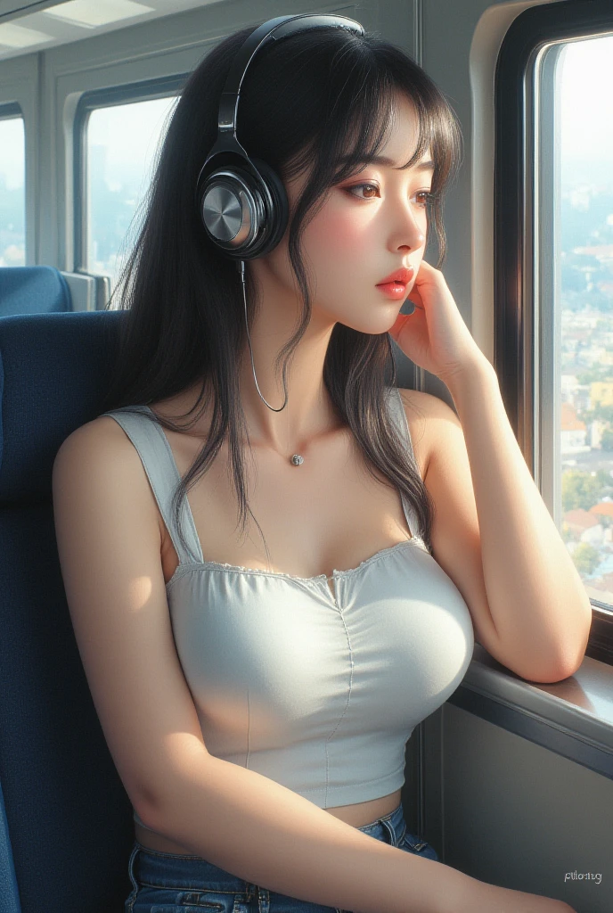 8K, best qualtiy, masterpiece, photograph realistic, Hide your face with happiness, big breasts, red sexy pajama, listening to music with head phones, music, headphones, golden Lace, Aerith Gainsborough, whole body, undergarments, exposed bare shoulders, do lado de fora, outside, Covered with snow, cloaks, high high quality, Adobe Lightroom, highdetailskin, looking at viewert, rainning background, rain window