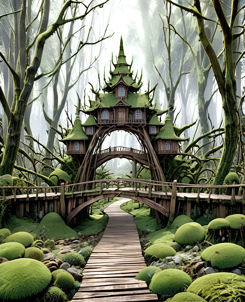 Several trees with many branches mosses framed (((small houses of branches, model of Indians on each tree))with old bridges of old boards with mosses on top of fantasy trees ,Final Fantasy style xii,Realistic 3D