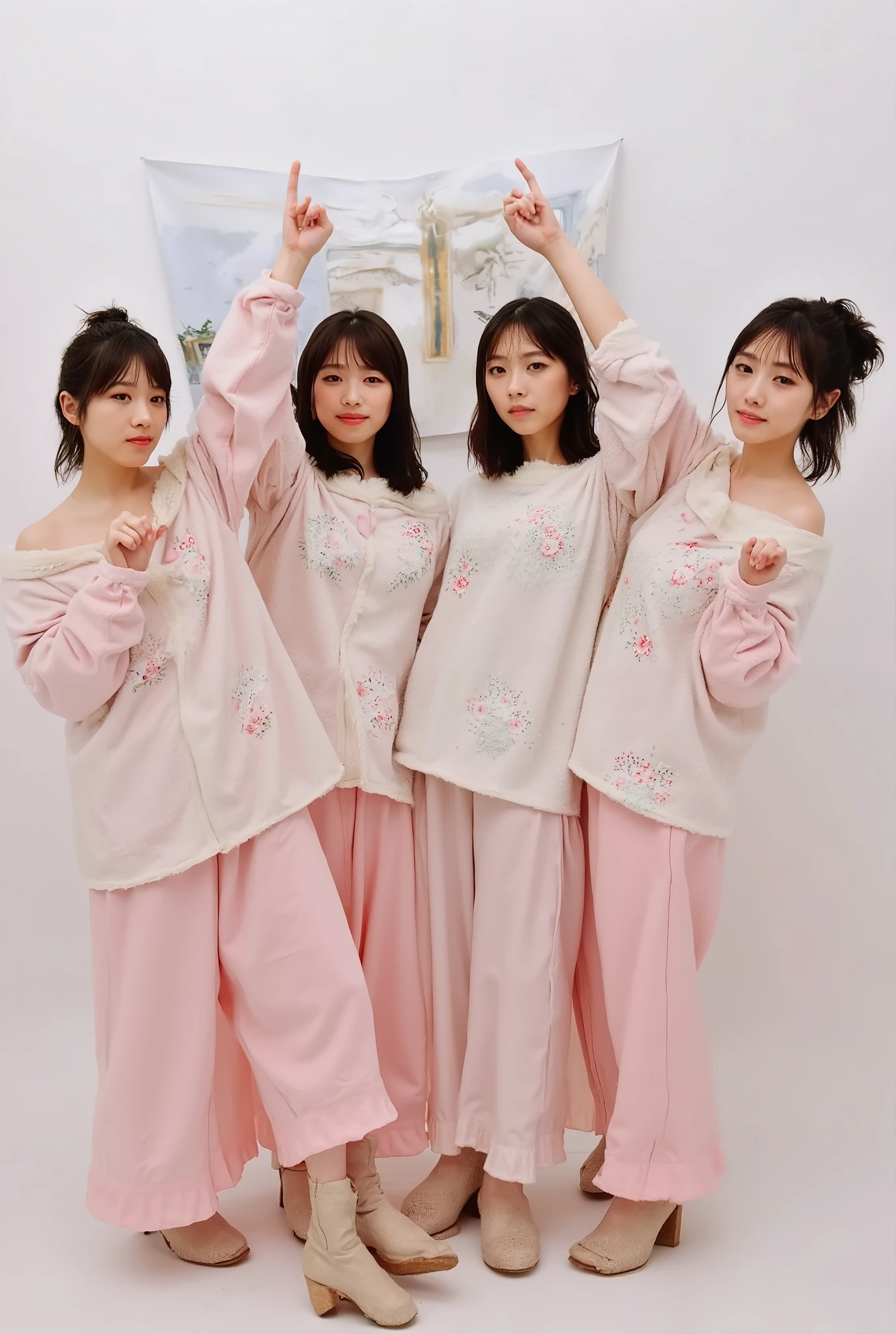 cute smiling women are cute, fluffy off-shoulder pajamas, make a big heart with both hands , posing with arms in front of chest, View above the collarbone、 has a monotone background