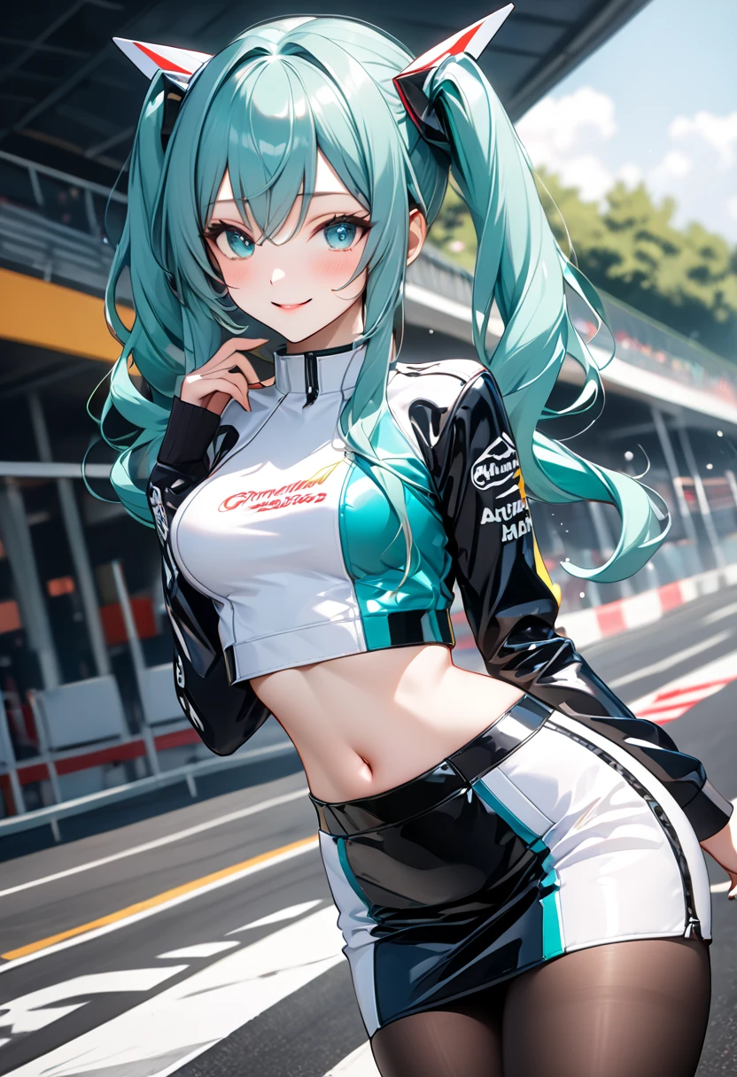 (​masterpiece:1.4)、(top-quality:1.4)、
1girl in, Bewitching Grid Girl, Green head hair, looking at the viewers, 独奏 ,realisitic,(shinny skin),(​masterpiece:1.4),(top-quality:1.4),red-lips,racing venue