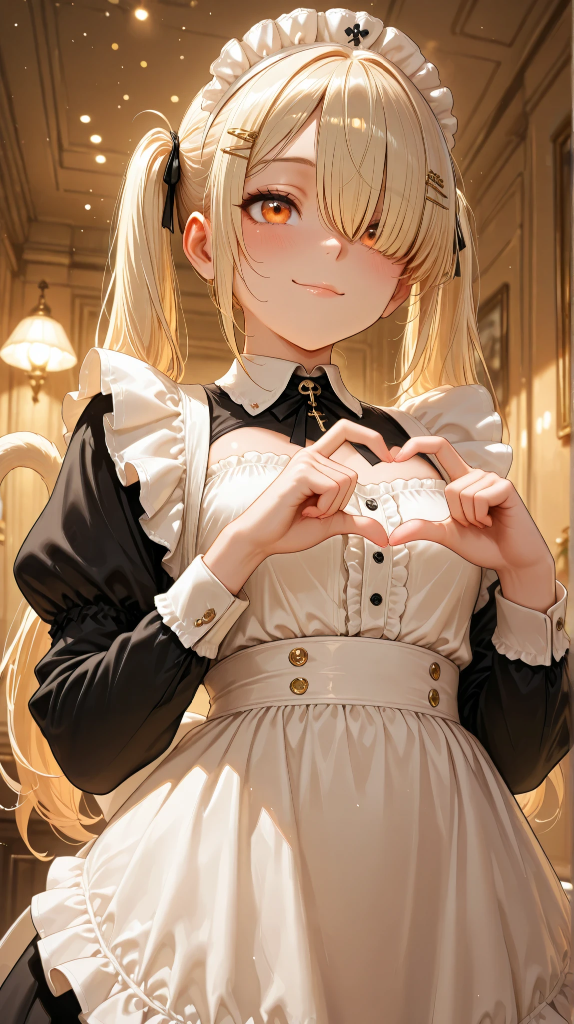 (((Alone))),looking up from below,very cute face, cute girl, long,twin tail hair, ((Light Gold Hair Color)), bangs over one eye, orange eyes ,big eyes,Fancy Maid Outfit,Beautiful Skin, hairpins,Heart Hand Gesture, Best Smile, small tits, cross piercing,Beauty, perfect smooth skin, fancy rooms, masterpiece, top quality, is embarrassing,Warm colors, High Fashion, Rub the extremely absurd , bright colors, High Resolution, complicated details,Viewer's gaze