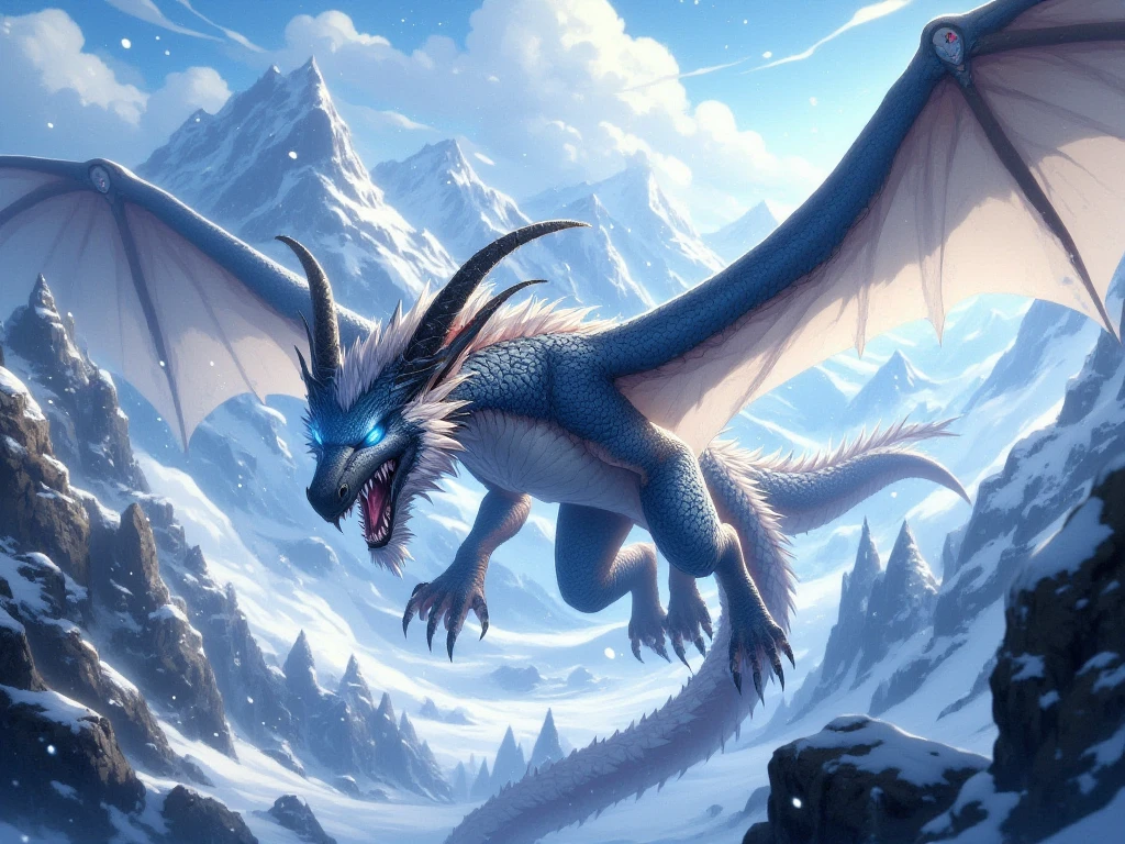 Dragon, female, feral, long wings, Ice theme, mountains, snow , large claws, large fangs