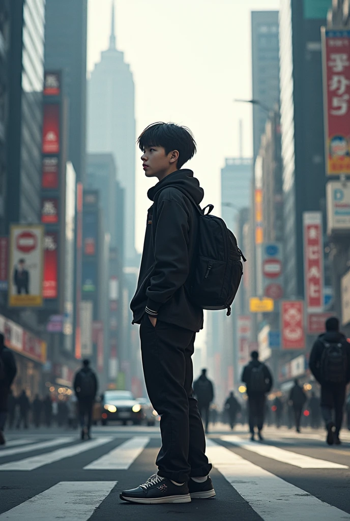 23 years old Japanese male university student Hairstyle parted in the center I can see your forehead Simple Outfit color of clothing(monotone) Full body photo(So that you can see your feet) A photo taken unexpectedly profile Photo from a distance place(Urban city、人がいないplace) hands positioned(Don't put your hands in your pockets) Other shoots