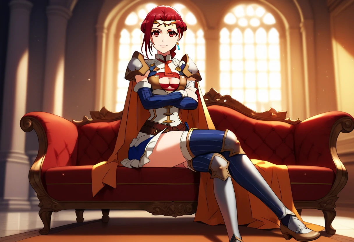 21 year old white girl, pelo rojo corto, armadura de piel, cuerpo medio y superior, luciendo feroz, sitting in an armchair, estilo animado