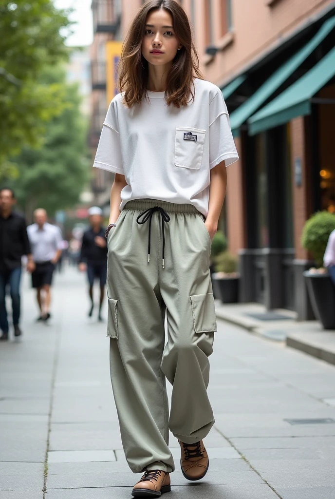 Short-haired beauty　Japanese　whole body　Chinatown　Black Hair、Brown eyes　Large Breasts　White T-shirt　Khaki cargo pants