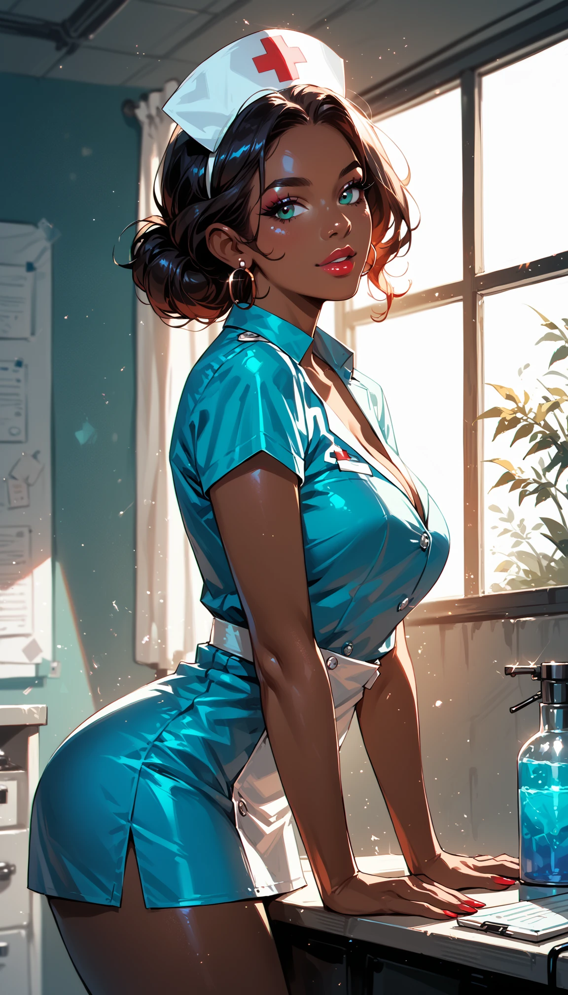plastic,brown eyes,black hair,short hair,
white shirt,headband,covered nipples,see-through,
black pants,cleavage,
sitting,light smile,
science fiction,room,tech,
(insanely detailed, masterpiece, best quality),solo,<lora:plastic:0.8>,