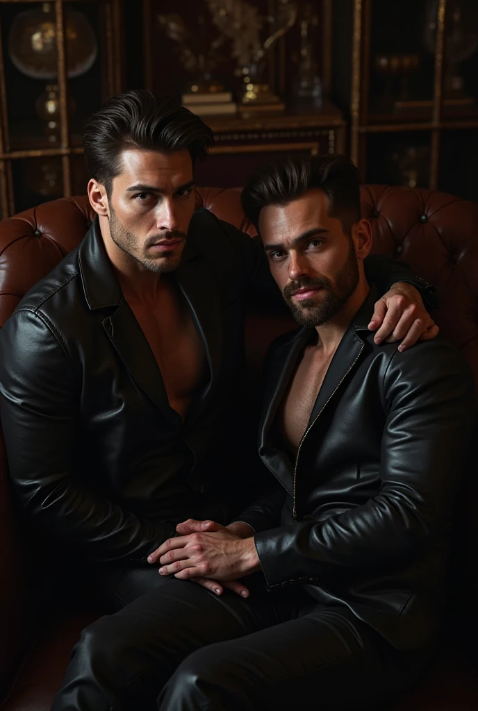 Big fat mafia bear in leather jacket kissing super muscular shirtless man