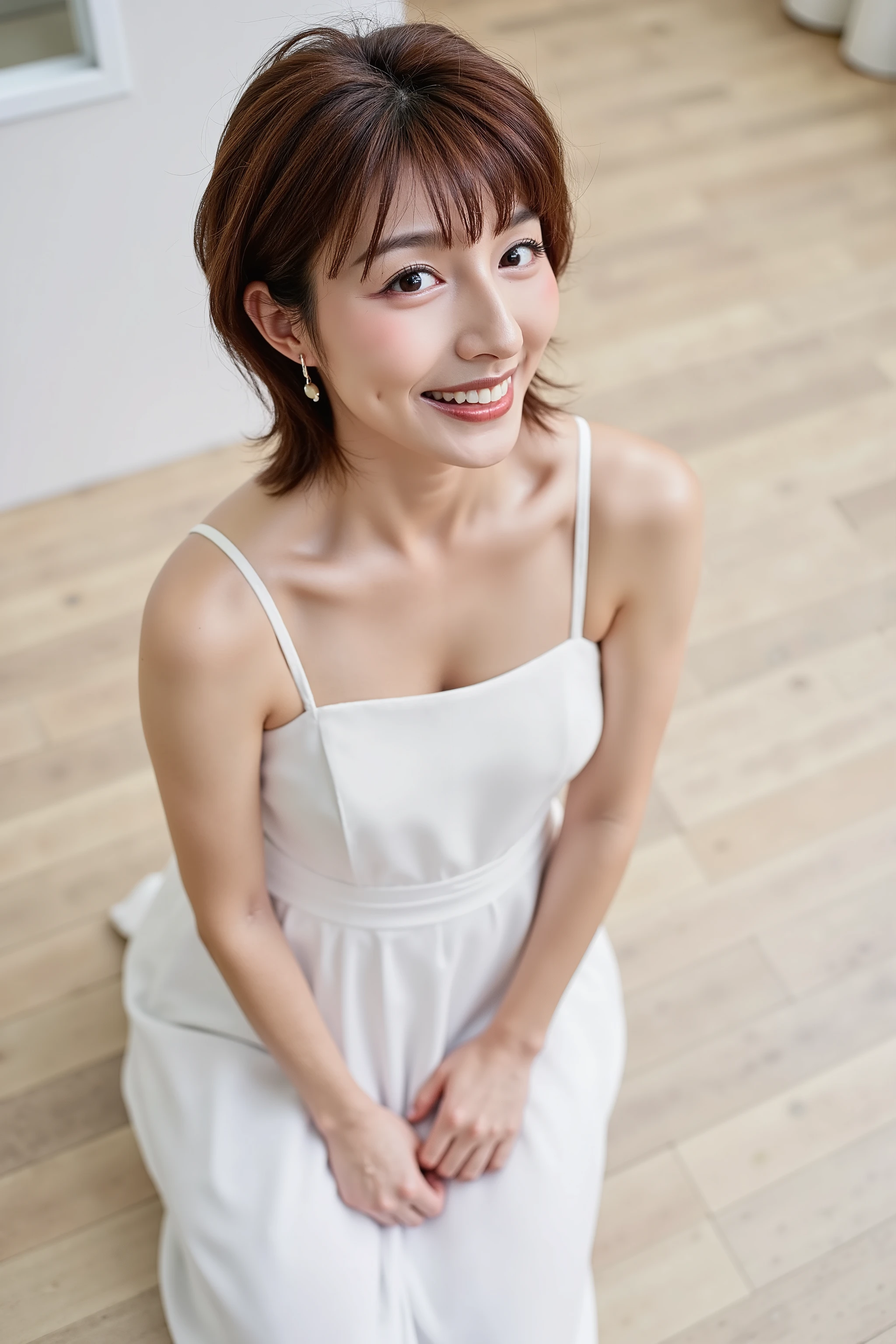 A high resolution photograph of a Japanese mature woman, masterpiece, photo-realistic, sharp focus, portrait, fashion shoot, solo, 1girl, kneeling, bare shoulders dress, short bob cut brown hair, joyful expression, facing up, looking up at the viewer, face focus, close-up of face, side view, profile),