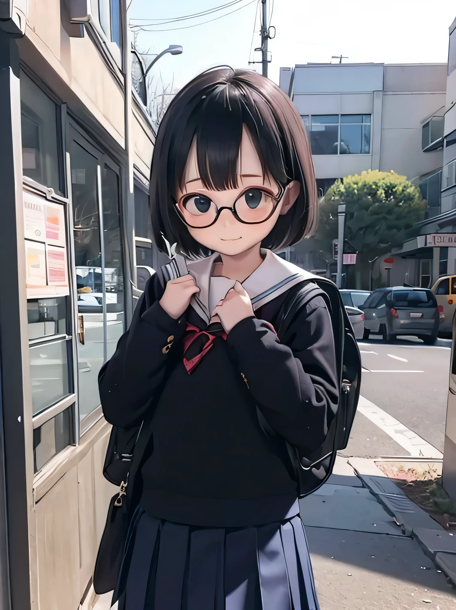 (masutepiece, Best Quality, Capture super cute moments, depth of fields, ultra-detailliert, Ultra High Resolution, C4D, Octadale, 3D Modeling, 8K, 16 K, one girls、a junior high school student、A dark-haired、short-hair、straight haired、Light brown eyes、hair adornments、wearing black glasses、kawaii faces)、End of summer