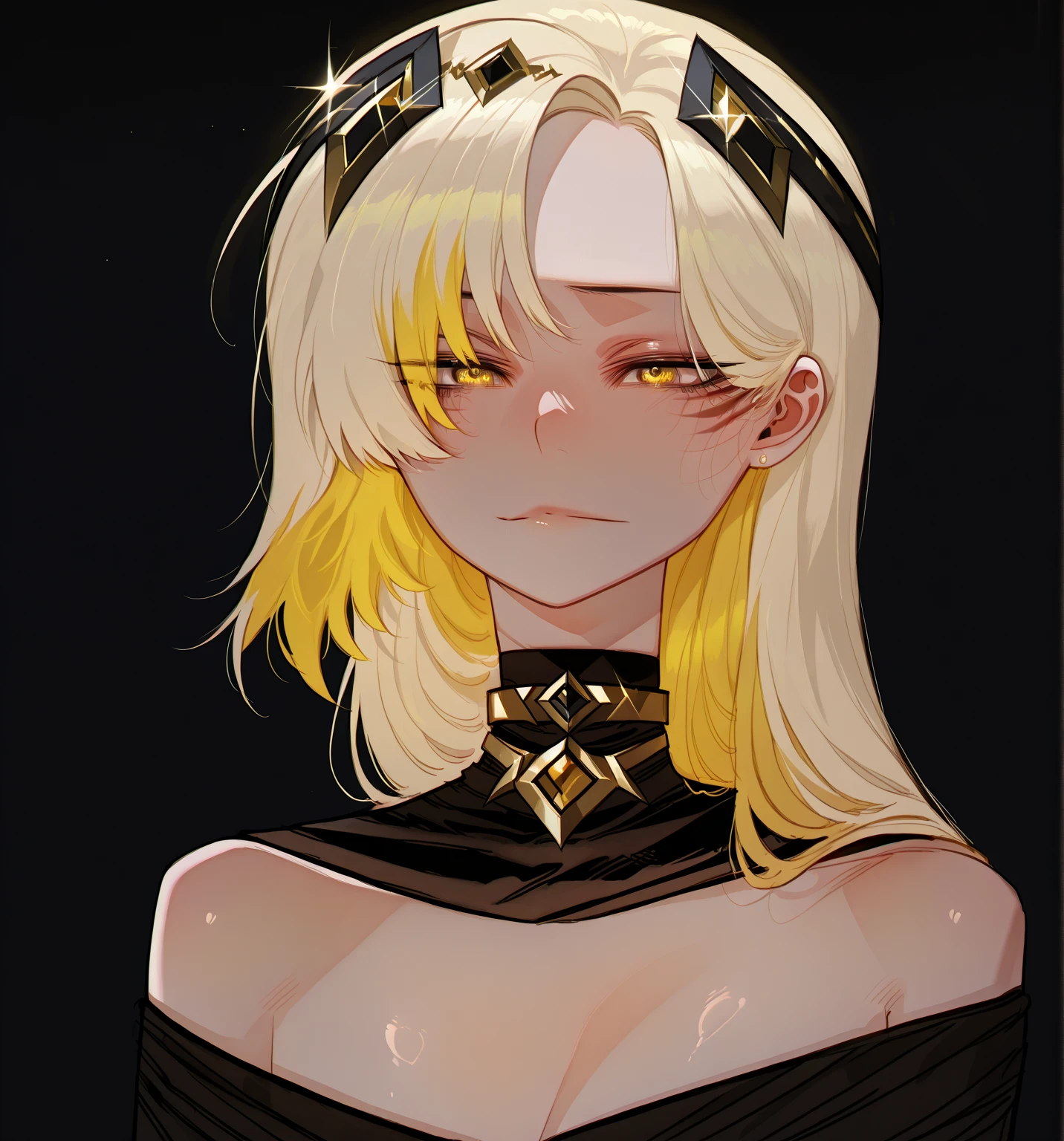 Anime portrait of a girl with a dark complexion and two-tone hair, combining black locks with blond sparkles on the front, slightly tousled. Her golden eyes show a serene or pensive expression, and wears a black off-shoulder top with a choker around the neck.  the background is dark , highlighting the contrast between her skin, her hair and outfit. The illustration style is characterized by clean lines, soft shading and a focus on facial details. (anime girl,  two-tone hair , black and blonde, golden eyes, off-shoulder top, choker, dark background, Digital Painting, pixiv trending, Artstation, High detail)