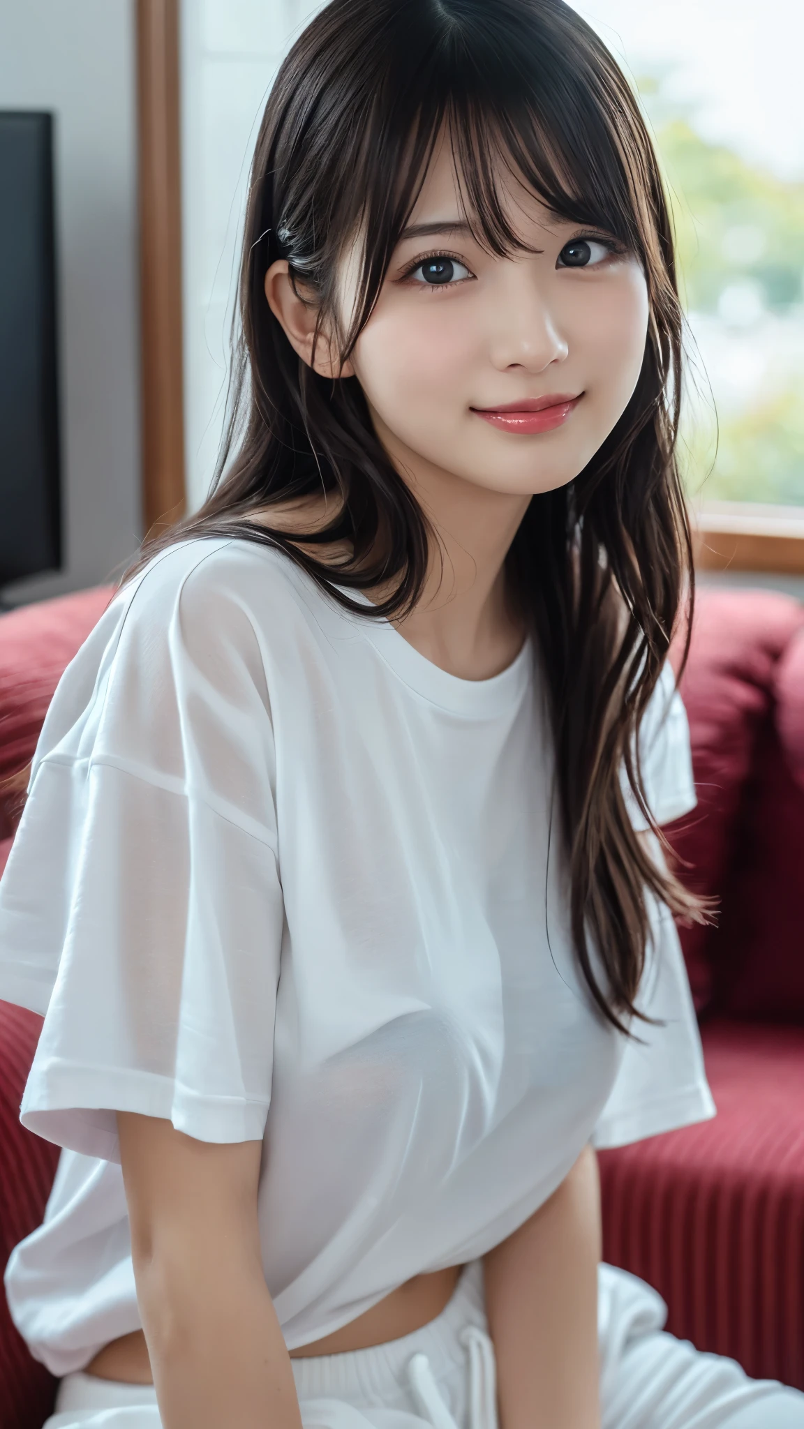(yinchuan:1.5), close-up, masterpiece, best quality, raw photo, photorealistic, F cup big, beautiful face, soft smiling girl, cute, white t-shirt, mini skirt, beautiful long legs, middle hair depth of field, high resolution, ultra detail, fine detail, highly detailed, highly detailed eyes and face, sharp pupils, realistic pupils,