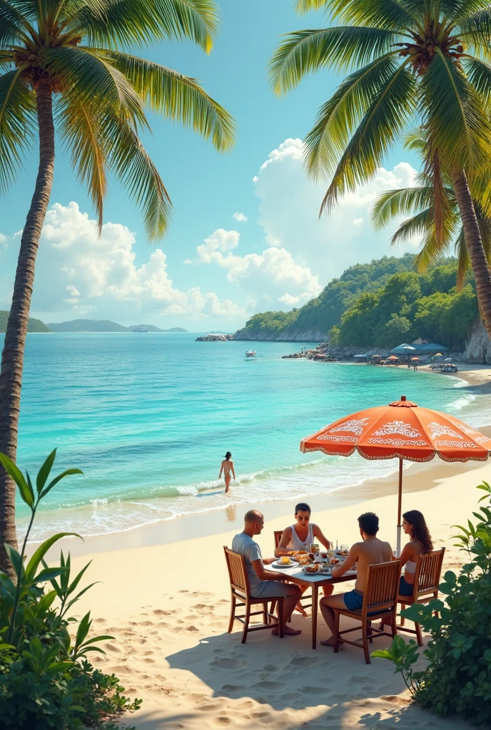A lively scene of a family and friends having a barbecue on the beach on a sunny day. Adults are around the grill, talking and laughing, while some children play with buckets and shovels in the sand near the water. A colorful umbrella is stuck in the sand, and it says "Garotos Nota Zero". In the background, sea waves gently break on the beach and the sky is clear with few clouds.