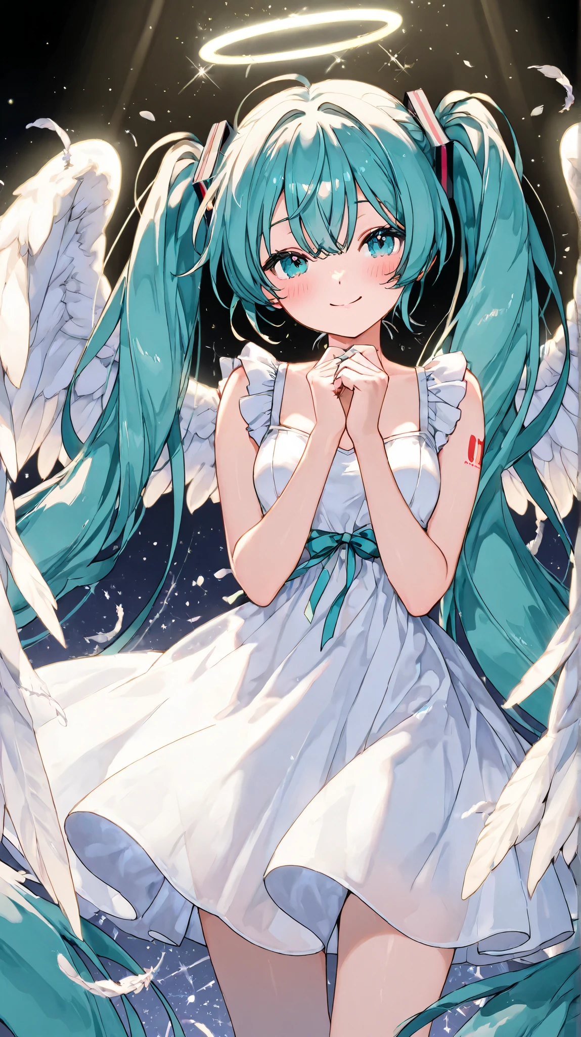Hatsune Miku、 white angel wings、 transparent white dress 、An angel is an angel's halo on the head 、heaven、I pray、smile、 floating 、blush