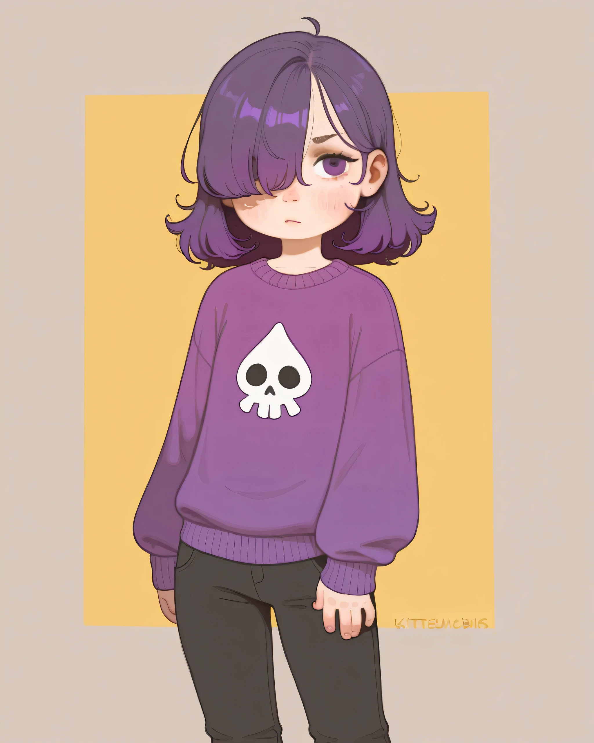 score_9, 1girl, female, (solo), standing, lily duolingo, purple hair, hair over one eye, sweater, pants, flat colors, no lineart, kittew, opossumachine, Alkemanubis