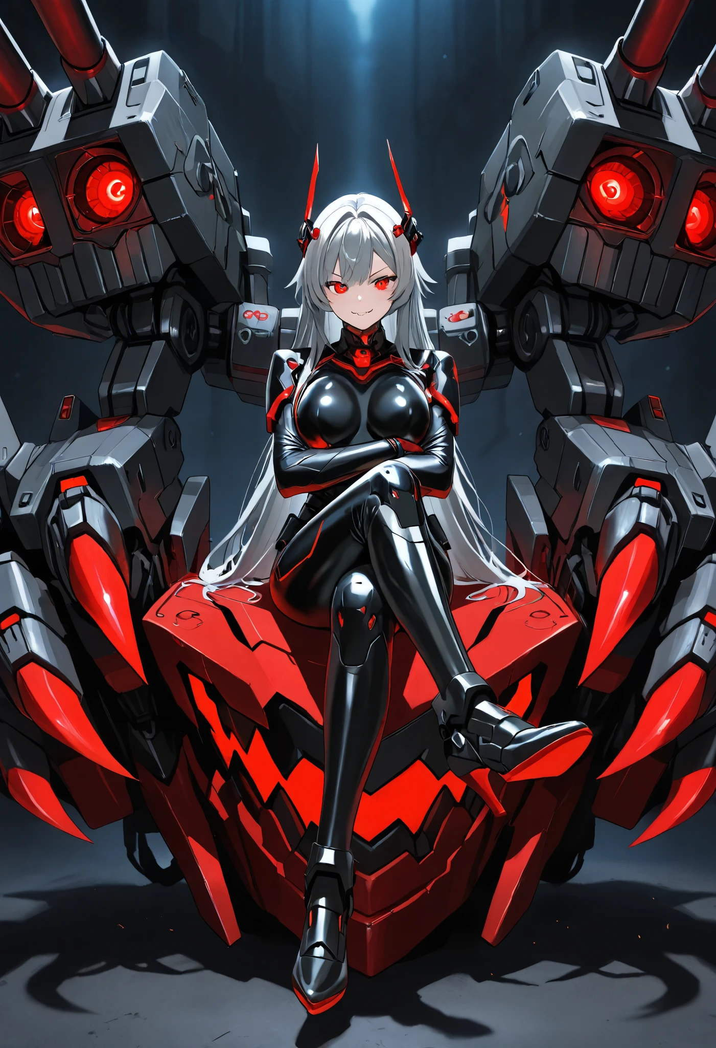 Mechanical Weapon Girl. (Close-up)Full body bodysuit. Latex. Cyber wind. Light armor. A look of contempt. Grey hair. Breasts perky. Glowing red eyes. Glowing core. A mechanical monster in the background. large sharp claws; Mechanical Fang. Red and black machine. Battleship. Sit down. Cross legs. Arms crossed. A swarm of mechanical insects.
