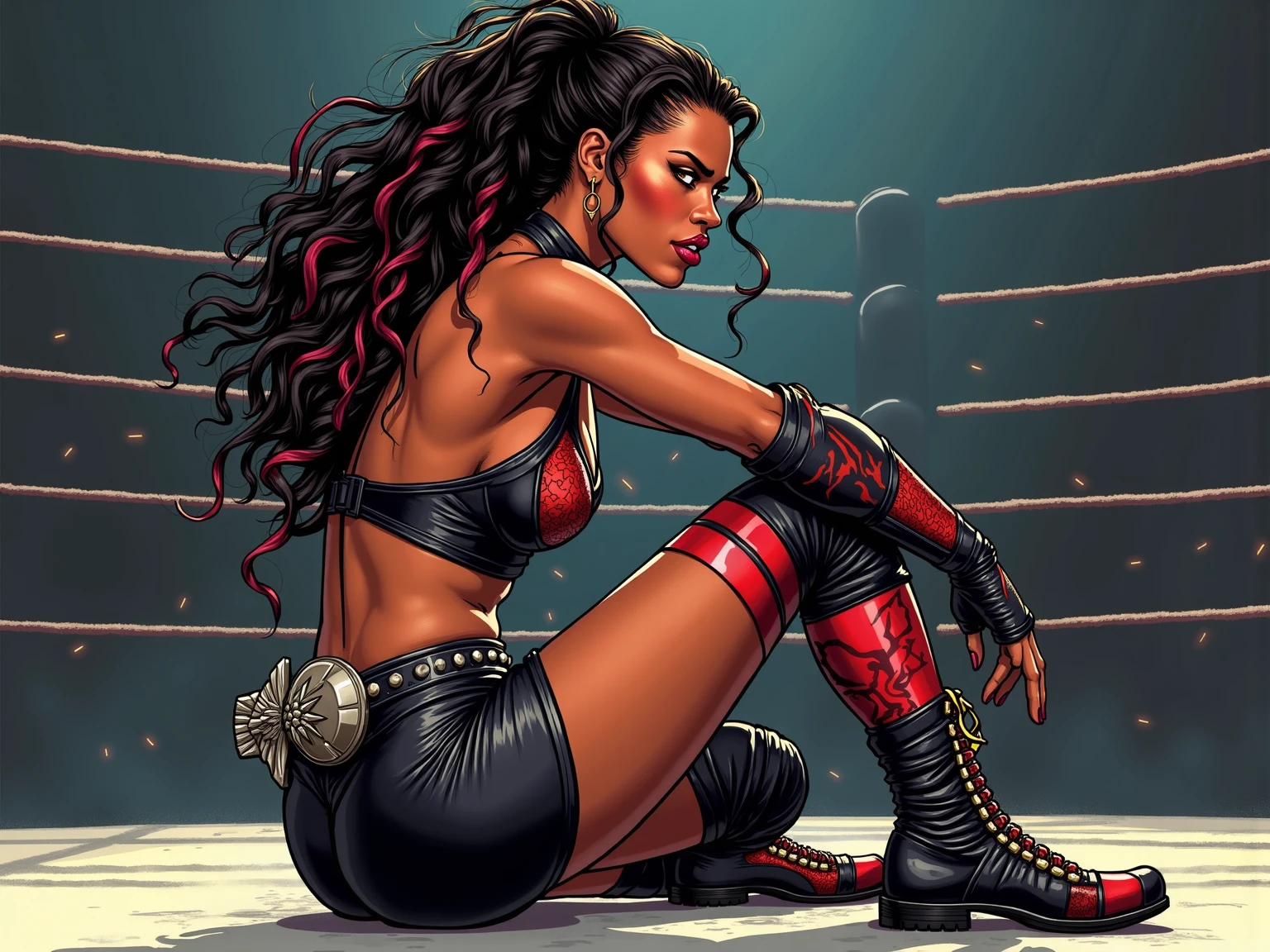 Generate an image of a warrior woman, portraying her as a modern Brooklyn gladiator. She shows that she is 30 years old and has a defined athletic body. The image must be rich in detail and of high quality, a true masterpiece. She is alone in the image, highlighting her as the only protagonist in the scene.
The gladiator is almost naked, adorned with few clothes that evoke a wild urban style inspired by the works of Simon Bisley. Her clothing should include orange and black elements with a wavy pattern, incorporating katakanas in these two tones to give an exotic and aggressive look. The warrior's armor is full of spikes and rivets, giving it a fierce appearance.
Her hair is black, tied in a high ponytail, but in the front, she has a bob haircut style, which adds a mix of sophistication and rebelliousness. The image should be from the knee up, capturing the powerful essence of the character in an intimidating portrait.
The background should have a street vibe with artistic touches, possibly incorporating typical Brooklyn elements, but in a way that doesn't distract from the main focus, which is the female gladiator.