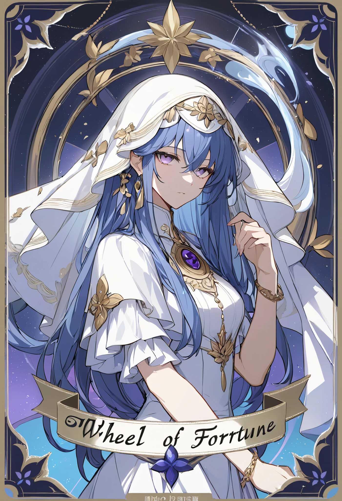Handsome, solo, 1 female, long hair, blue hair, light purple eyes, white veil, white dress, tarot, Wheel of Fortune