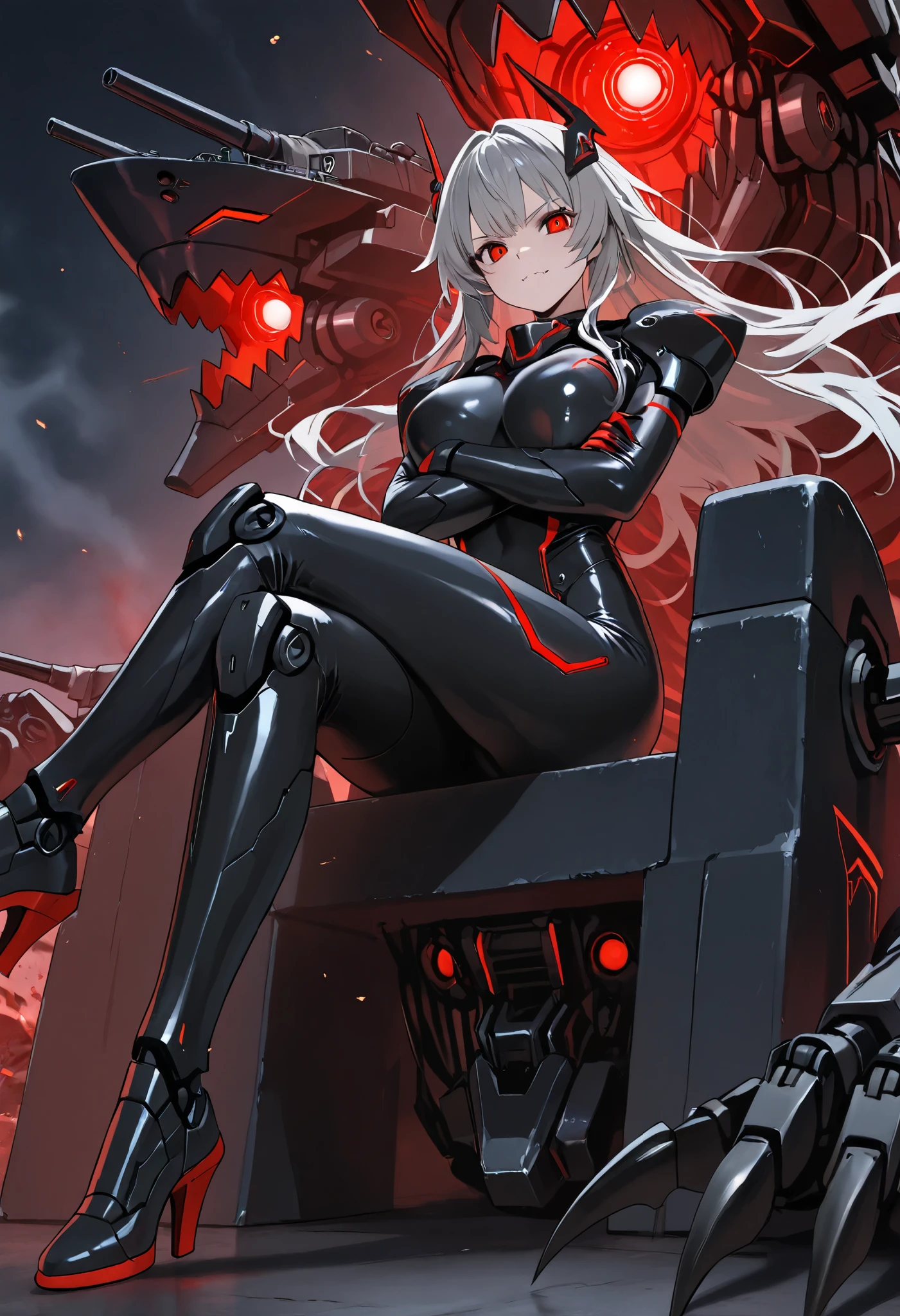 Mechanical Weapon Girl. (Close-up)Full body bodysuit. Latex. Cyber wind. Light armor. A look of contempt. Grey hair. Breasts perky. Glowing red eyes. Glowing core. A mechanical monster in the background. large sharp claws; Mechanical Fang. Red and black machine. Battleship. Sit down. Cross legs. Arms crossed. A swarm of mechanical insects.