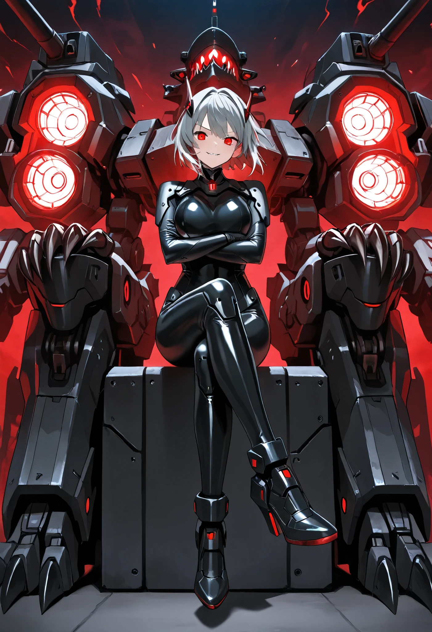 Mechanical Weapon Girl. (Close-up)Full body bodysuit. Latex. Cyber wind. Light armor. A look of contempt. Grey hair. Breasts perky. Glowing red eyes. Glowing core. A mechanical monster in the background. large sharp claws; Mechanical Fang. Red and black machine. Battleship. Sit down. Cross legs. Arms crossed. A swarm of mechanical insects.