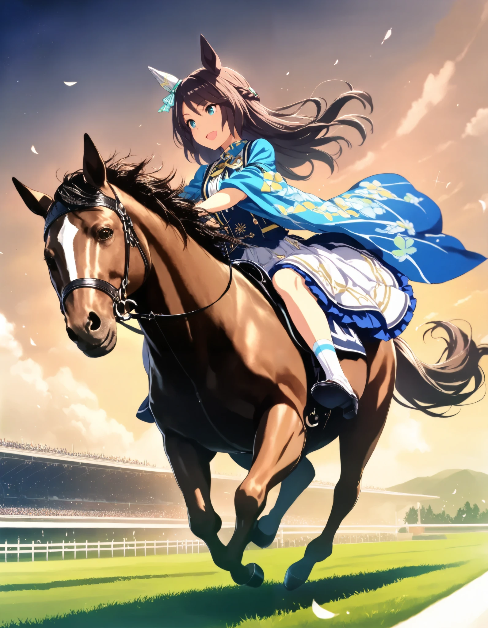 Anime girl riding a horse in a field with a sky background - SeaArt AI
