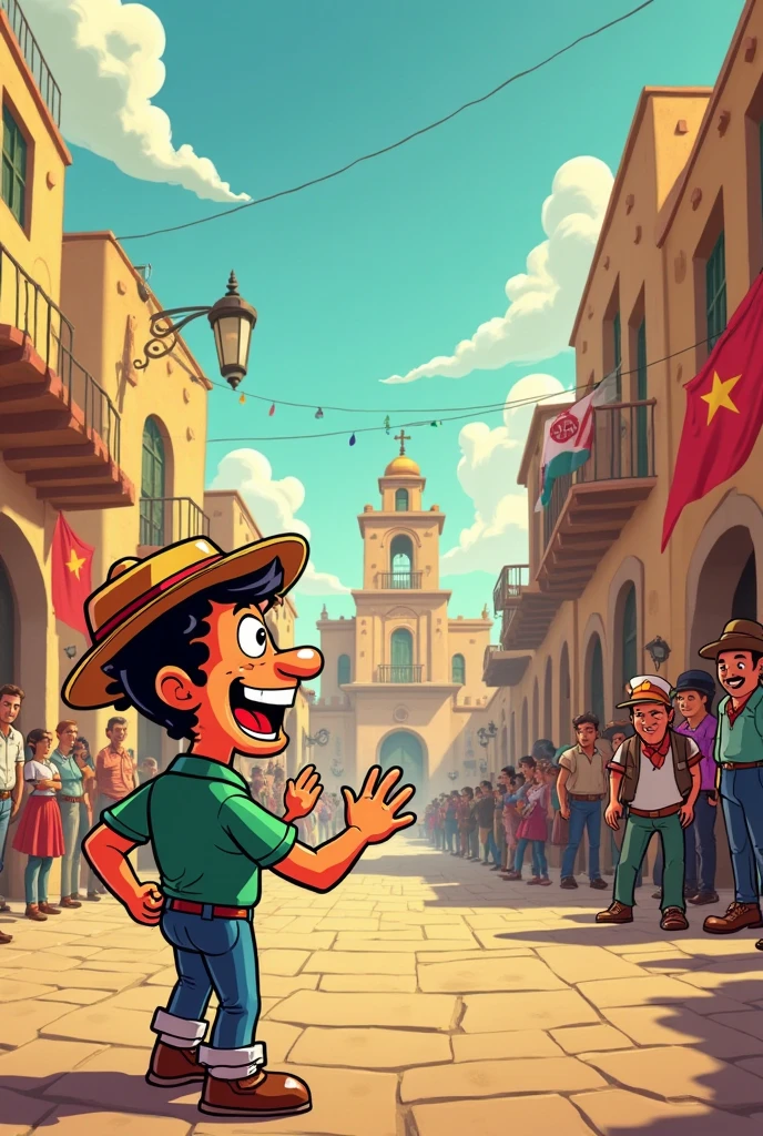 A cartoon where you can see a man with a big hat saying revolution and behind him peasants asking for peace