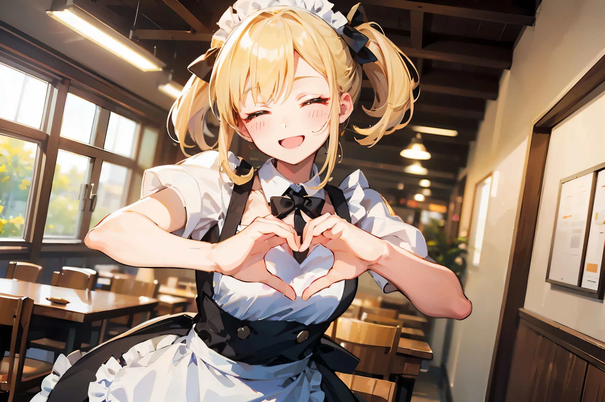 ((Hands heart)), Girl working at maid cafe, blonde hair, frills, apron, cafe, serving, smiling, happy, cute, wink
