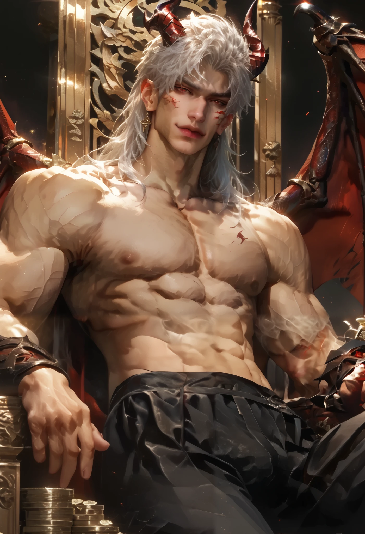 Anime illustration semi-realism of Chinese human dragon hybrid male, semi realistic, shirtless under armor, shirtless, topless, no shirt, muscular, very broad shoulders, smaller waist, slightly muscular body, Asian eyes, monolid eyes, long hair, (((long white hair))), pretty lips, (((red eyes))), sleek design, evil smirk, masculine facial features, detailed face, handsome face, sharp facial features, big bulge, sitting leaning back on big golden throne on top of gold coins arms on armrest, looking at viewer, dynamic light, black and red dragon wings, black dragon horns, has a black dragon tail, black and red armor, black red pointy jagged sharp hand armor, black red pointy jagged sharp body armor, black leather pants, tight leather pants,