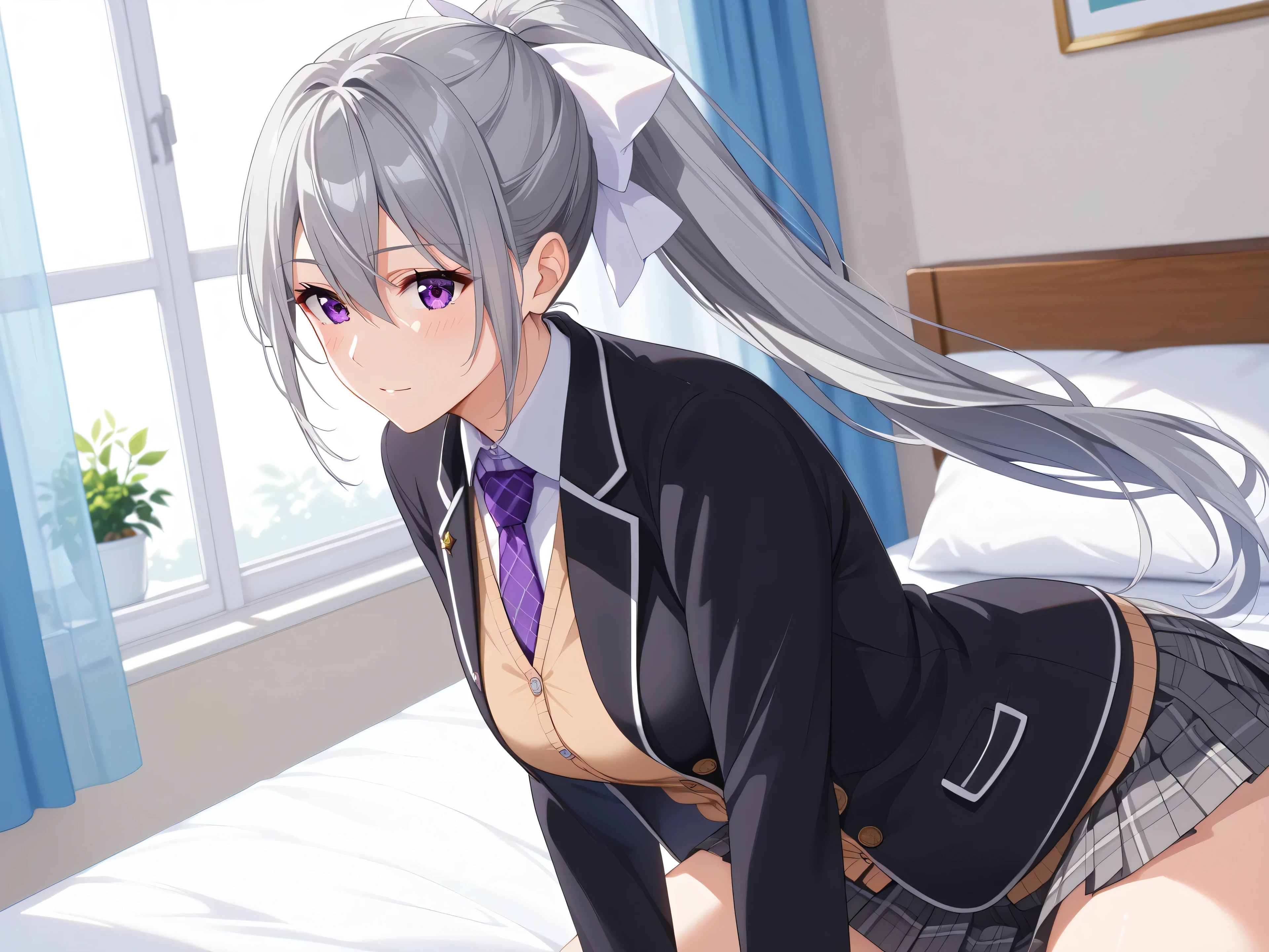 1woman,best quality,ultra-detailed,high resolution,extremely detailed CG,unity 8k wallpaper,score_9, score_8_up, score_7_up, source_anime,hk1, purple eyes, grey hair, hair between eyes, long hair,ponytail, bow, white bow,shirt, cardigan, jacket, black jacket, blazer, skirt, grey skirt, plaid skirt, nsfw,mature female,professional quality、bed room、medium breasts、pleated skirt、tsurime,Official Art,black panties、crotch seam、necktie, purple necktie,