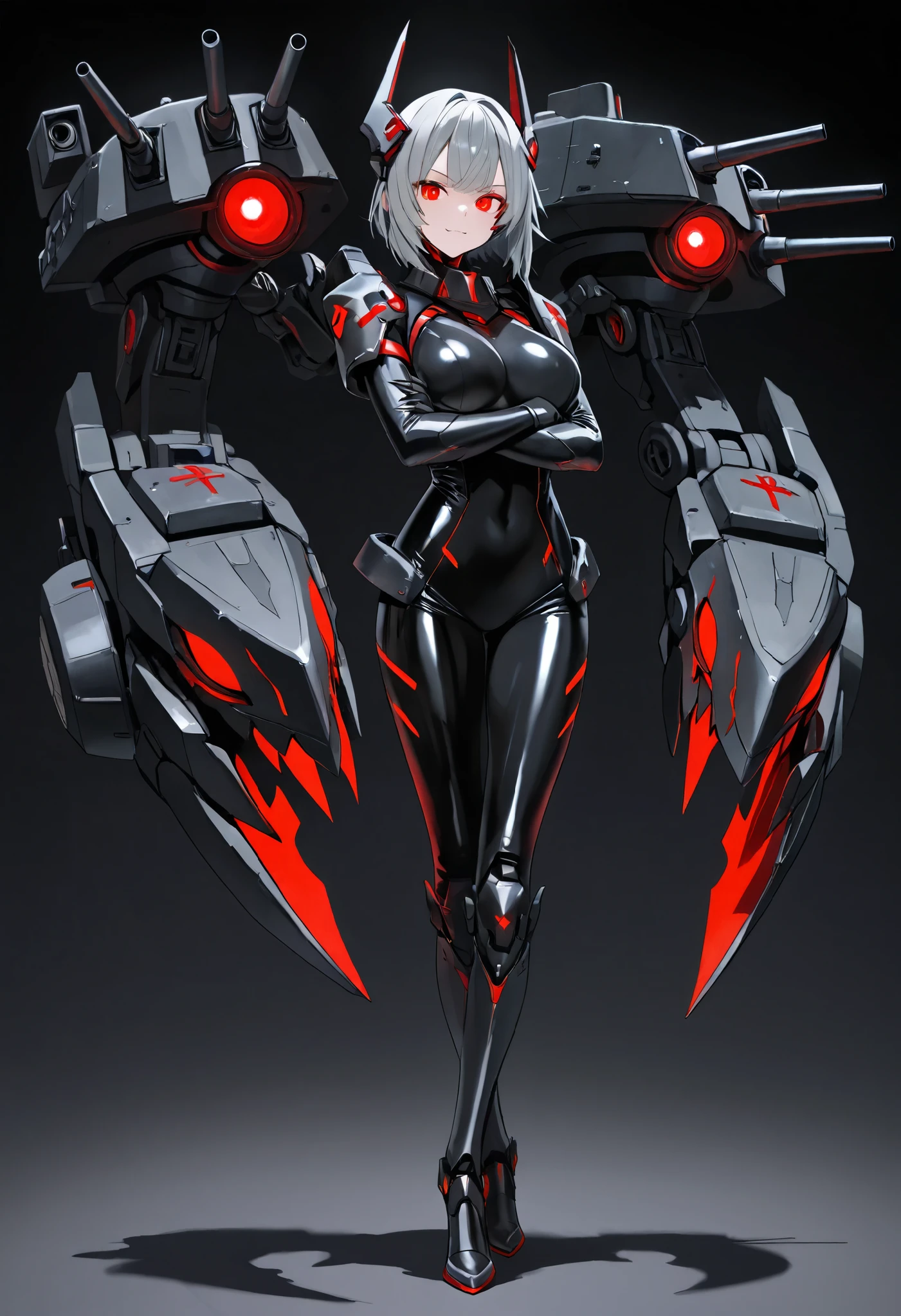 Mechanical Weapon Girl. (Close-up)Full body bodysuit. Latex. Cyber wind. Light armor. A look of contempt. Grey hair. Breasts perky. Glowing red eyes. Glowing core. A mechanical monster in the background. large sharp claws; Mechanical Fang. Red and black machine. Battleship. Sit down. Cross legs. Arms crossed. A swarm of mechanical insects.