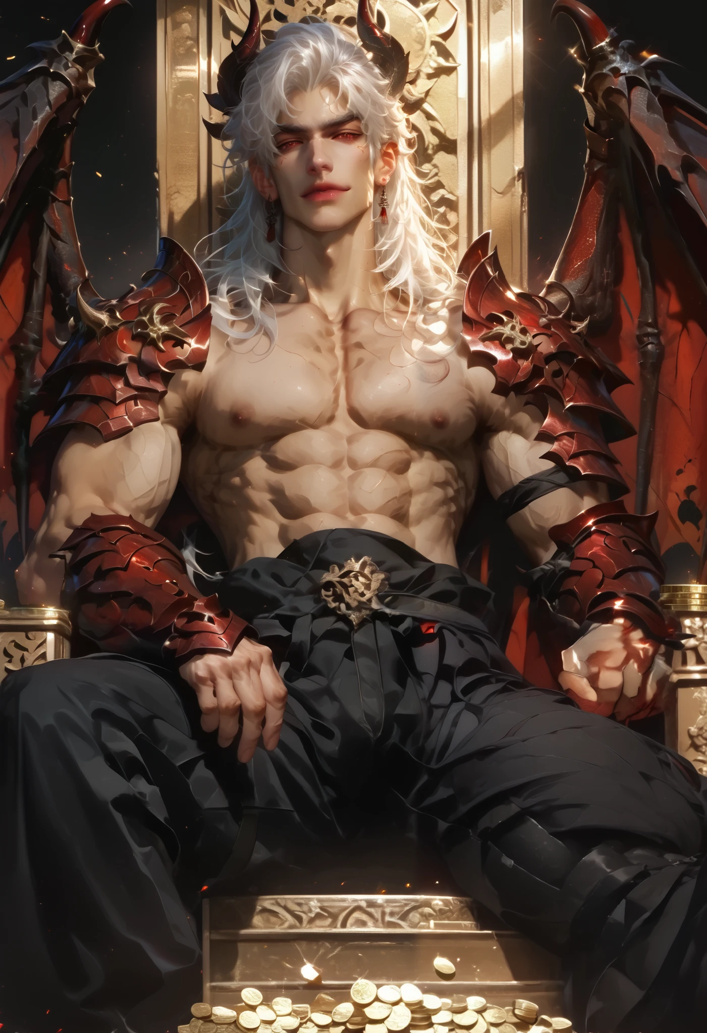 Anime illustration semi-realism of Chinese human dragon hybrid male, semi realistic, shirtless under armor, shirtless, topless, no shirt, muscular, very broad shoulders, smaller waist, slightly muscular body, Asian eyes, monolid eyes, long hair, (((long white hair))), pretty lips, (((red eyes))), sleek design, evil smirk, masculine facial features, detailed face, handsome face, sharp facial features, big bulge, sitting leaning back on big golden throne on top of gold coins arms on armrest, looking at viewer, dynamic light, black and red dragon wings, black dragon horns, has a black dragon tail, black and red armor, black red pointy jagged sharp hand armor, black red pointy jagged sharp body armor, black tight leather pants, full body picture,