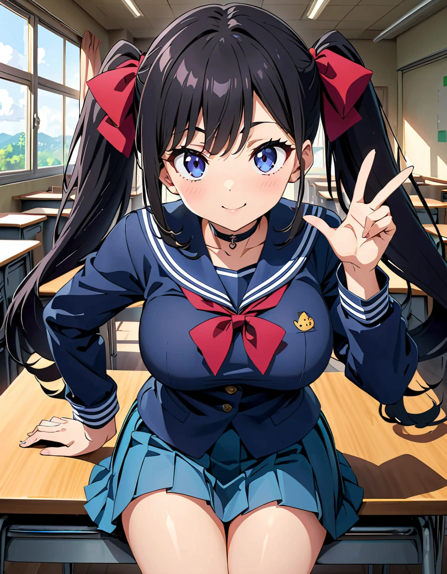 anime artwork, anime style, key visual, vibrant, studio anime, highly detailed, newest, late, anime coloring, masterpiece, best quality, best aestethic,woman in sailor suit, pleated skirt, big breasts, Blue garment, choker, hair accessory, A glimpse of thighs, black hair, twin tails, perfect proportions, high detail skin, Cute, detailed faces, random sexy pose, school classroom, precise fingers,