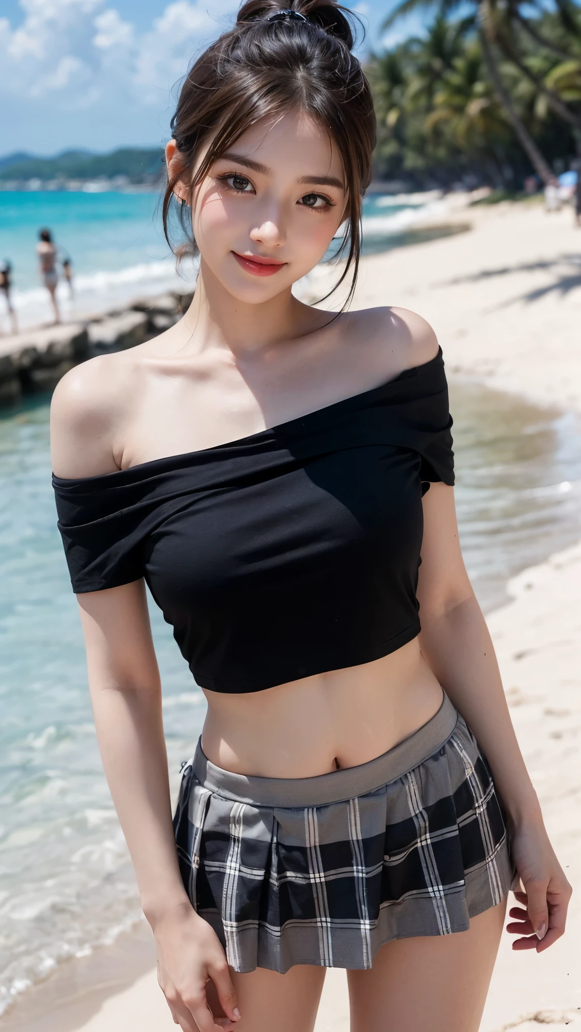 Braided hair, armpit, off shoulder sleevesless gothic blouse, stomach, grass trees background