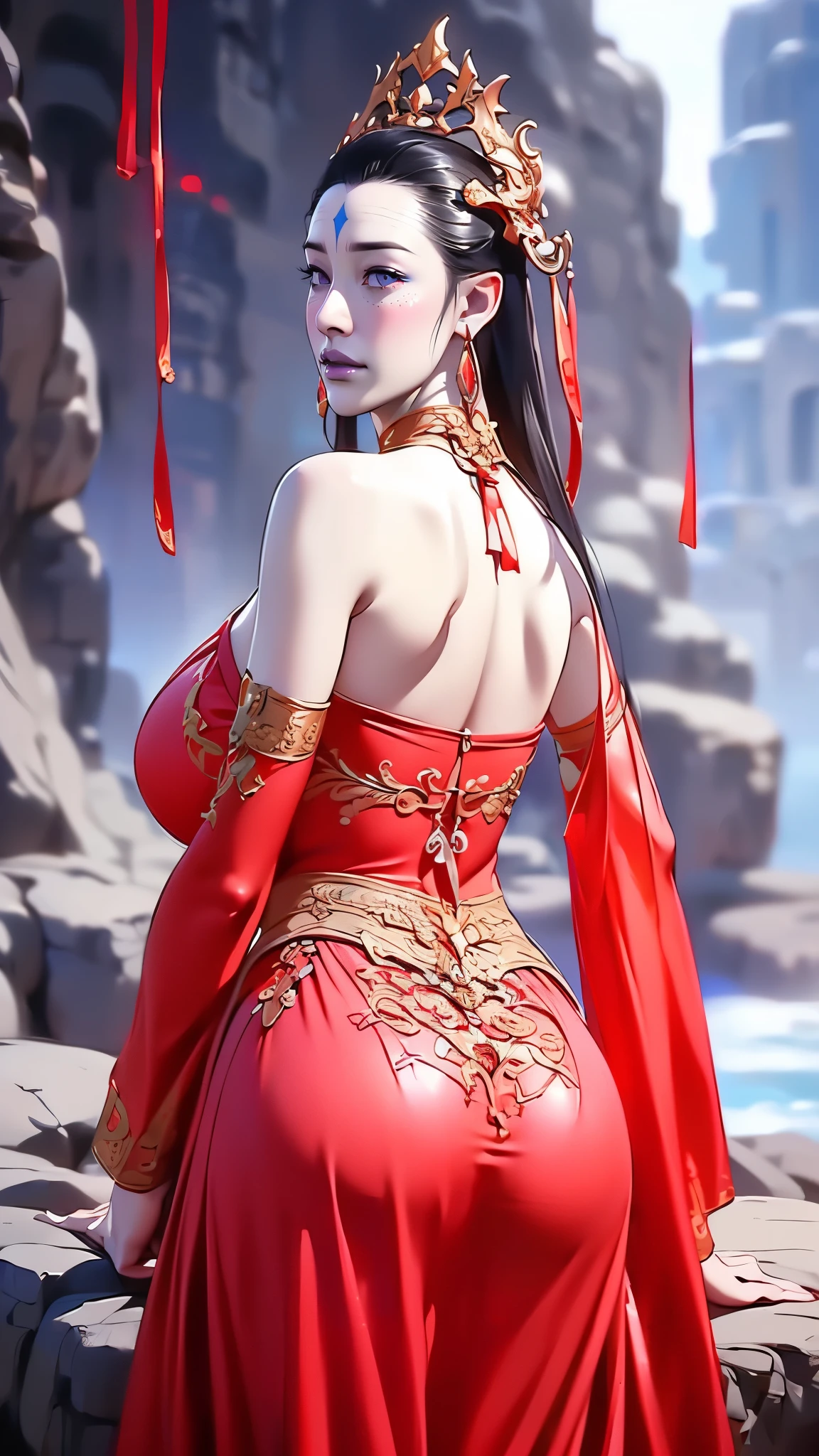 (((perfect body, Tender white skin ,(((Wearing a blue and red robe))),(((black myth: Wukong - Kang Jinlong, forehead mark , blue marks on the forehead, rings on both ears,))),((masterpiece)),highres,((Best quality at best)),masterpiece,quality,Best quality,((( exquisite facial features,looking at the audience,There is light in the eyes, ))),big breasts, plump butt ,Lean and look back, dynamic poses ,,)))