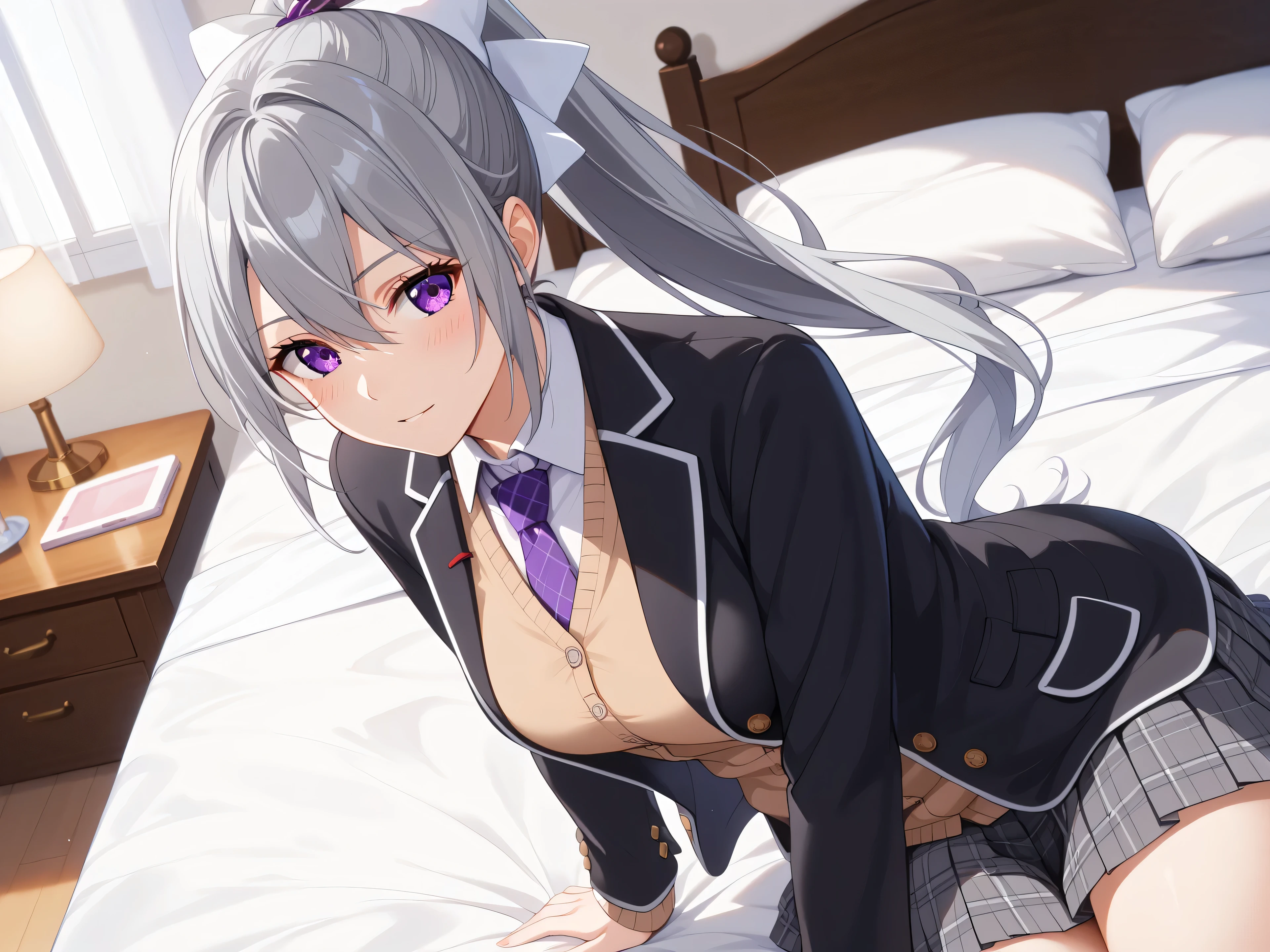 1woman,best quality,ultra-detailed,high resolution,extremely detailed CG,unity 8k wallpaper,score_9, score_8_up, score_7_up, source_anime,hk1, purple eyes, grey hair, hair between eyes, long hair,ponytail, bow, white bow,shirt, cardigan, jacket, black jacket, blazer, skirt, grey skirt, plaid skirt, nsfw,mature female,professional quality、bed room、medium breasts、pleated skirt、tsurime,Official Art,necktie, purple necktie,