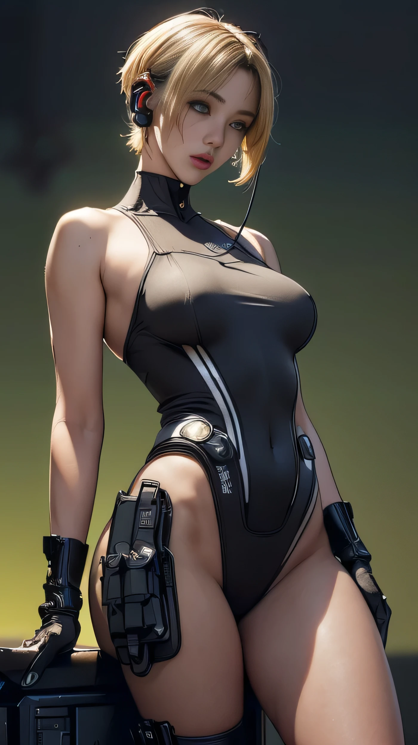 (A woman),(((A female member of the Future Force stands))),((Orchid tactical high leg bodysuit:1.5)),((earphone:1.5)),((Tactical Holster:1.5)),(Gloves:1.5),(Serious:1.5),(Super short hair:1.5),(beautiful eyes:1.3),(Very detailedな顔:1.5),((Very detailed drawing of a female hand:1.5)),(((muscular:1.5))),((Sexy appearance:1.5)),((Thick thighs:1.5)),(Beautiful Body:1.5),((Very sensual:1.5)),(The backdrop is a futuristic city:1.5),(Cyberpunk atmosphere:1.5),(((Blurred Background:1.5))),(Written border depth:1.5),rest(((masterpiece:1.5),(best quality:1.5),(Very detailed:1.5),(high resolution:1.5),(Practical:1.5),(Practical:1.5),(Delicate depiction),(Carefully drawn))),8k,wallpaper, (((camel toe1.5))),(from below:1.2)