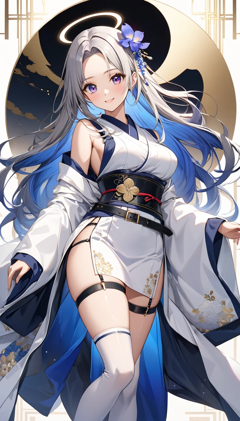 1 garota, roupas japonesas, rabo de cavalo ,cabelo branco, olhos roxos, magic circle, fogo azul, chamas azuis, papel de parede, Paisagem, sangue, sangue splatter, profundidade de campo, noite, light particles, raios de luz, side lighting, coxas, destino \(Series\), impacto genshin, ****, Jaqueta aberta, saia, coxas, nuvem
