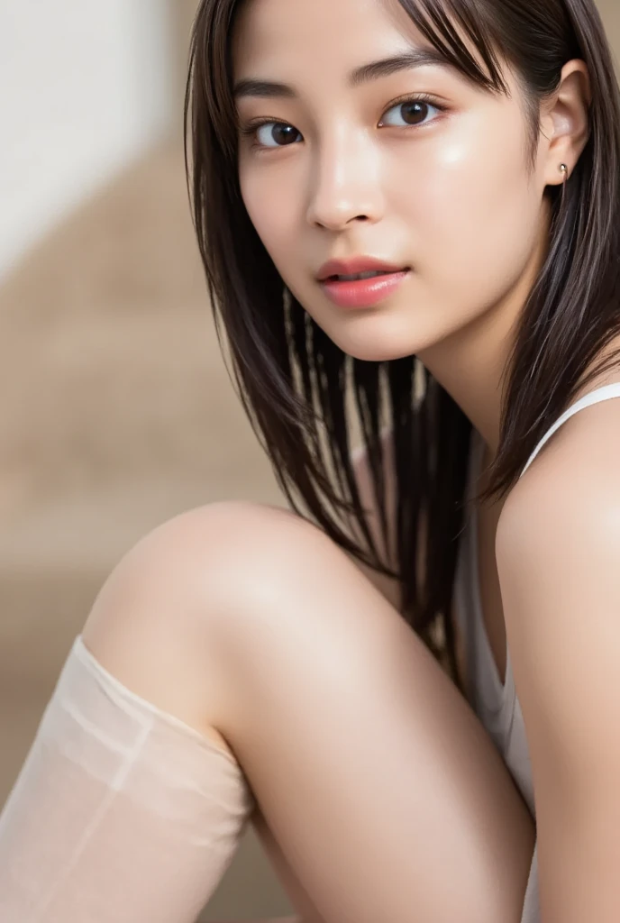 (raw photo:1.2), (photorealistic:1.4), beautiful detailed girl, very detailed eyes and face, beautiful detailed eyes, ridiculous, incredibly ridiculous, huge file size, super detailed, high resolution, very detailed, best quality, masterpiece, very detailed, unified, 8k wallpaper, amazing, Fine details, masterpiece, best quality, very detailed CG uniform 8k wallpaper, light on face, cinematic lighting, pale skin, a close up of a naked woman posing for a picture,perfect nude,undressed,completely naked beautiful Japanese woman, beautiful young Japanese woman, big eyes:1.1, double eyelids:1.1, thick lips, parted lips:0.8, shoot from side, looking at viewer,gleaming skin,shiny skin