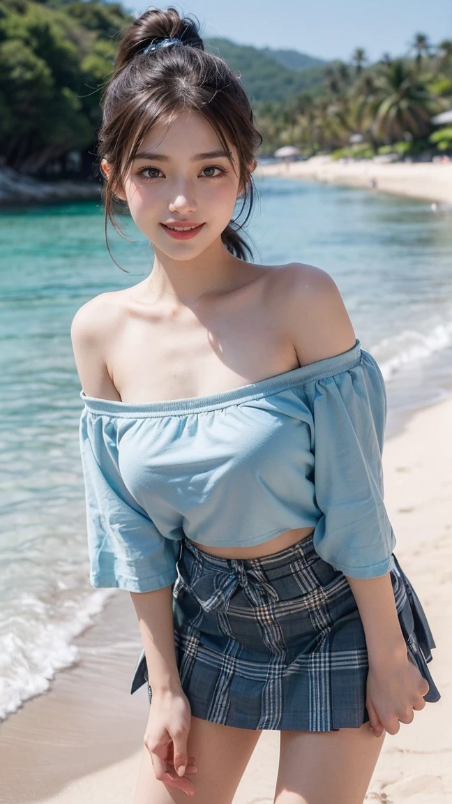 girl sitting on beach, BREAK, 1girl, detailed face, relax, sitting, head tilt, headphone, beach side, waves, loose t-shirt, cargo pants, stylish necklace, (best quality, masterpiece), intricate details, off shoulder, skirt, choker, frills, see-through, looking at viewer, blush, upper body, blurry background, floral print, contrapposto, huge breast, (11yo, cute:1.4),